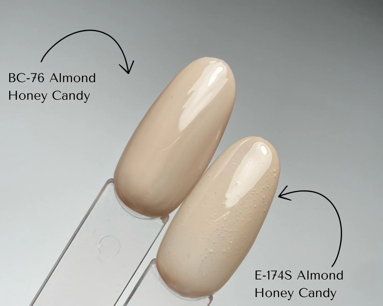 Side-by-side comparison of KOKOIST Bottle'N Go BC-76 Almond Honey Candy and Excel Color E-174S Almond Honey Candy swatched on clear swatch sticks.