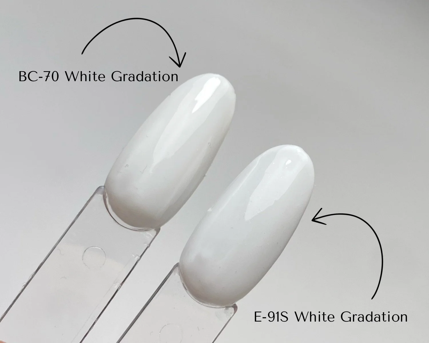 Side-by-side comparison of KOKOIST Bottle'N Go BC-70 White Gradation and Excel Color E-91S White Gradation swatched on clear swatch sticks.