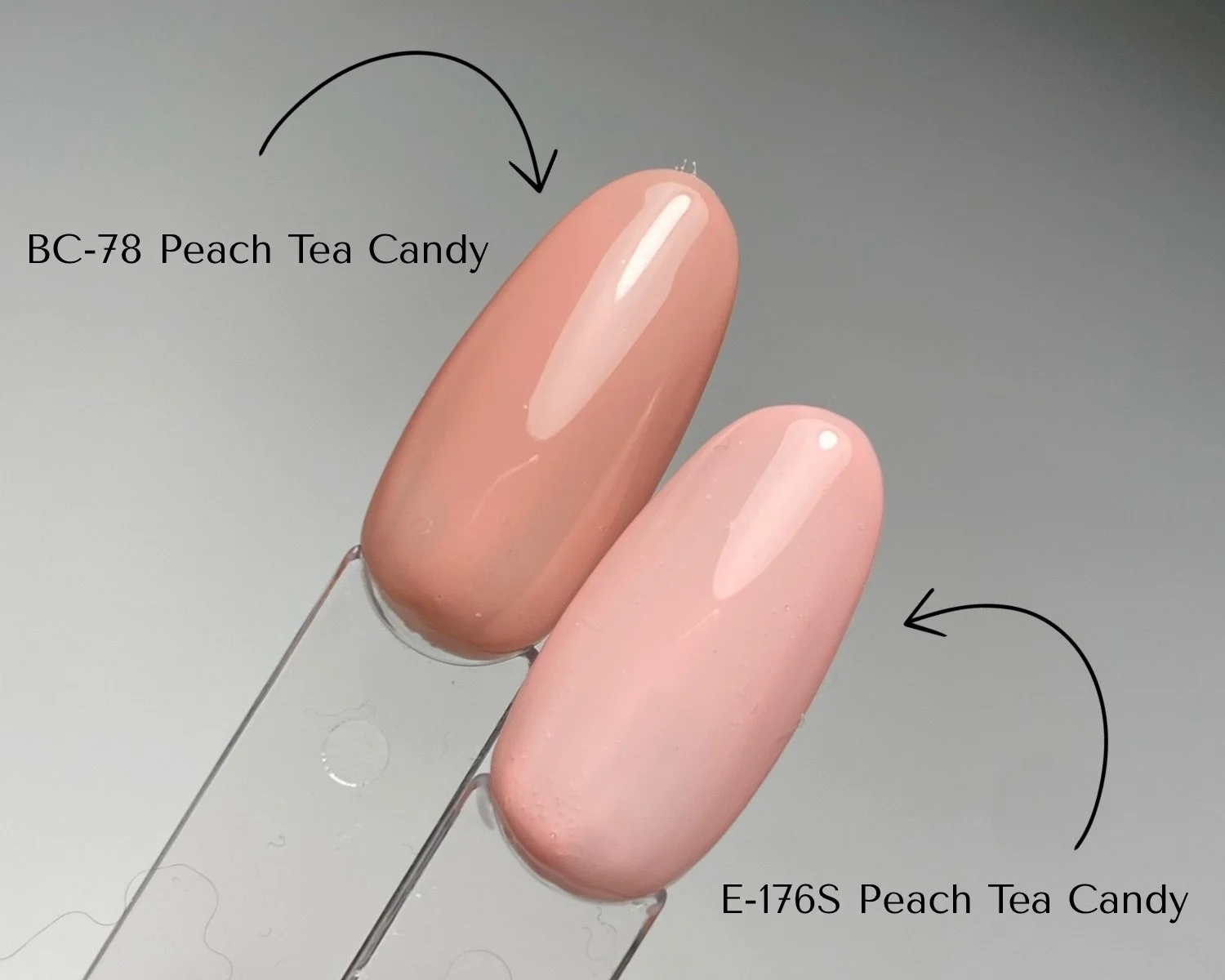 Side-by-side comparison of KOKOIST Bottle'N Go BC-78 Peach Tea Candy and Excel Color E-176S Peach Tea Candy swatched on clear swatch sticks.