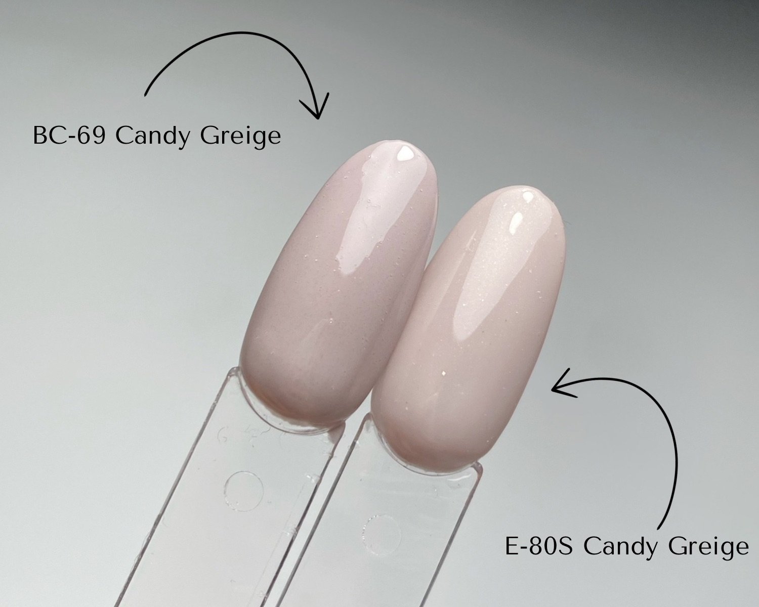 Side-by-side comparison of KOKOIST Bottle'N Go BC-69 Candy Greige and Excel Color E-80S Candy Greige swatched on clear swatch sticks.
