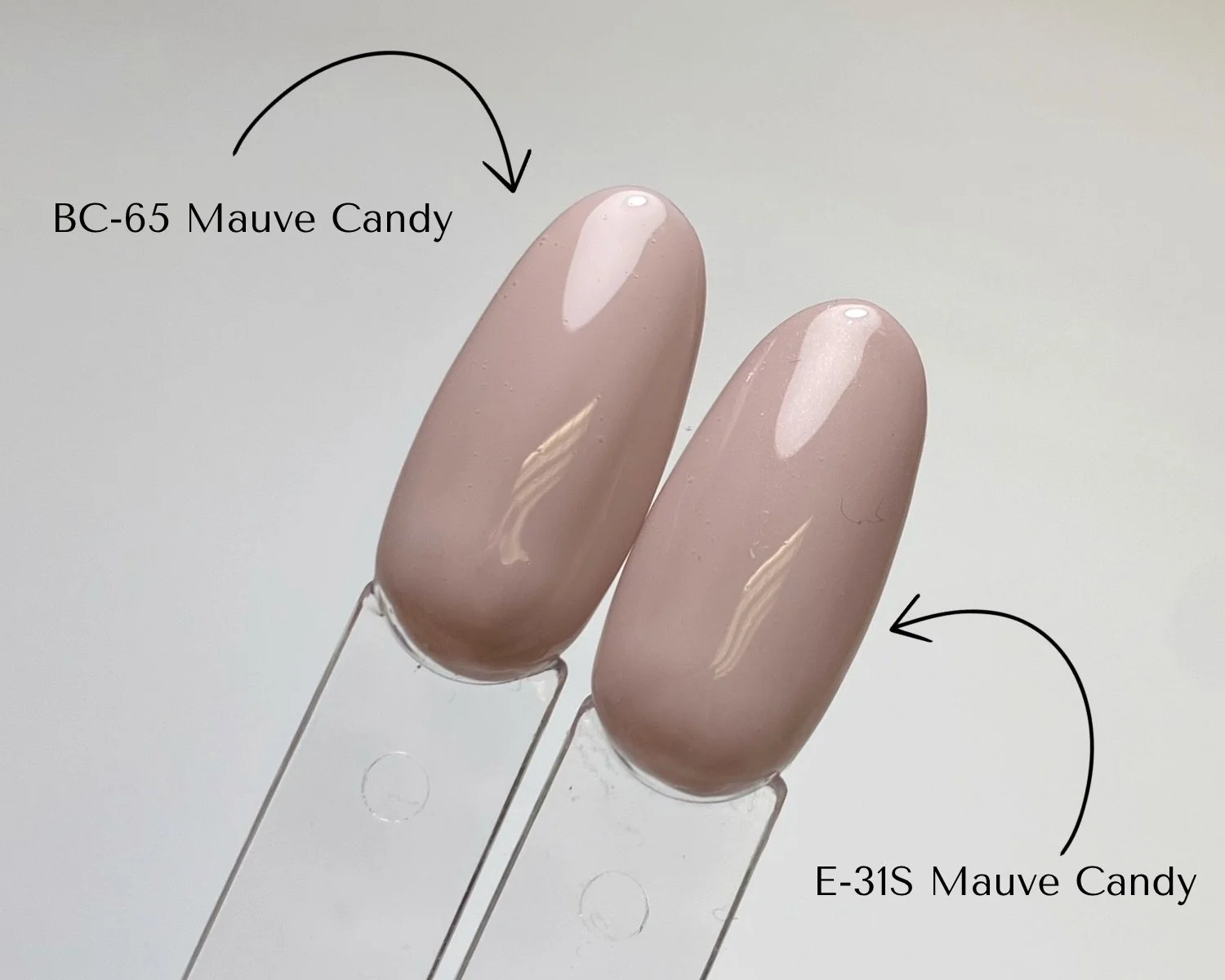 Side-by-side comparison of KOKOIST Bottle'N Go BC-65 Mauve Candy and Excel Color E-31S Mauve Candy swatched on clear swatch sticks.