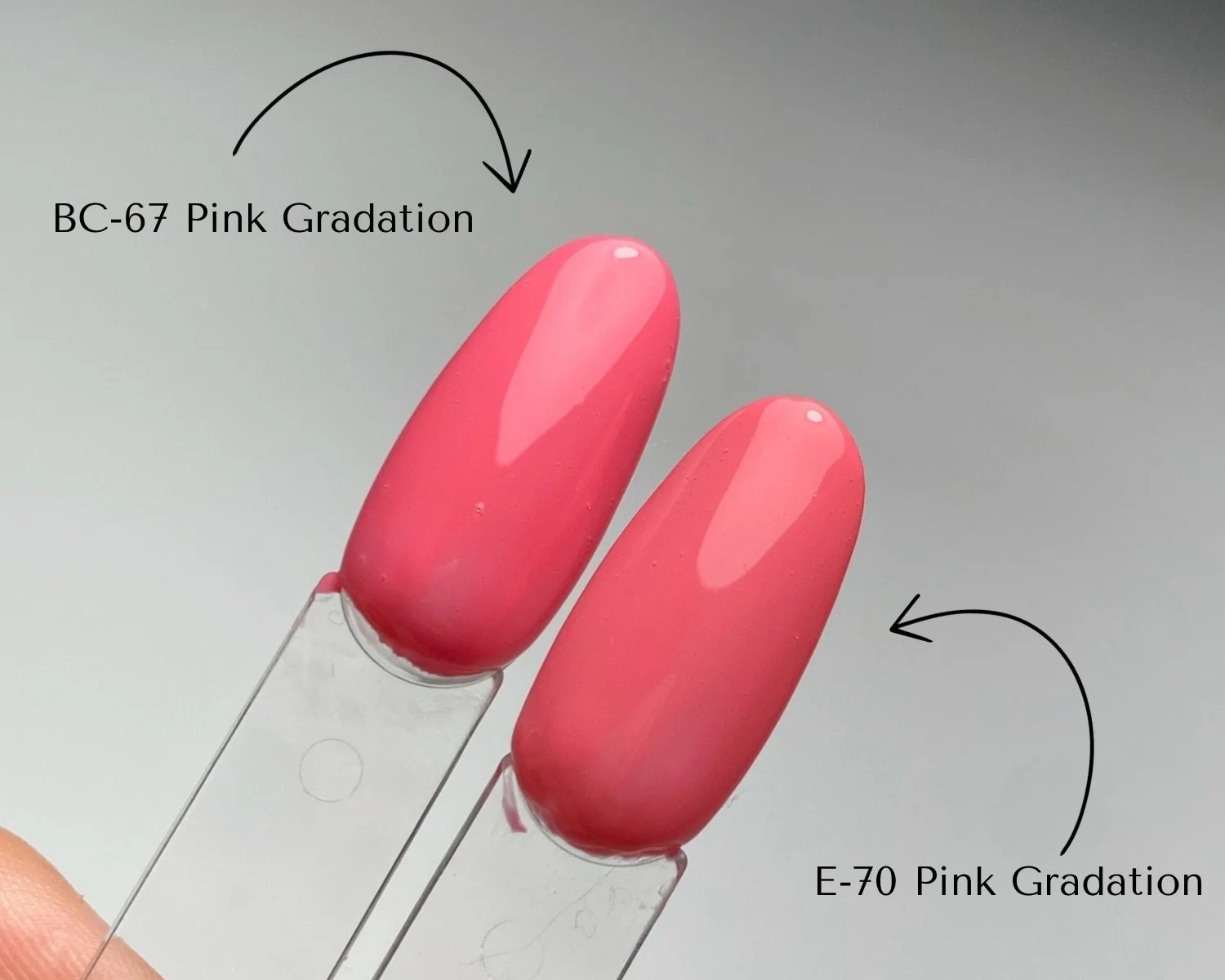 Side-by-side comparison of KOKOIST Bottle'N Go BC-67 Pink Gradation and Excel Color E-70 Pink Gradation swatched on clear swatch sticks.