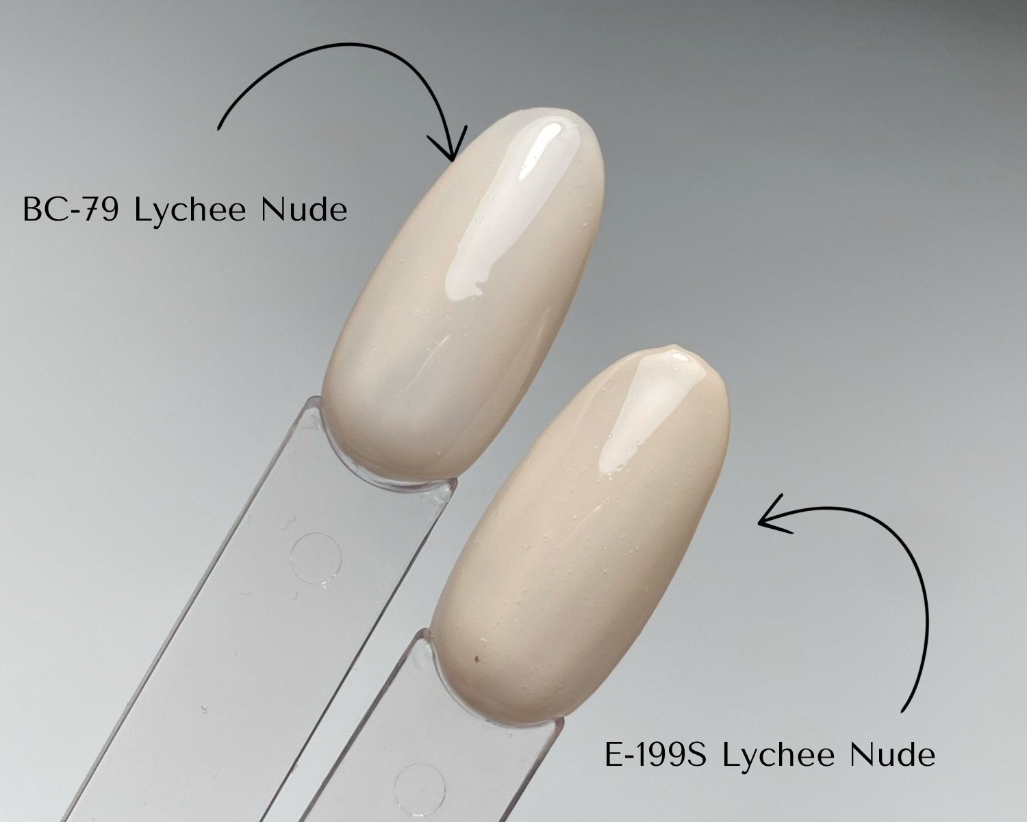Side-by-side comparison of KOKOIST Bottle'N Go BC-79 Lychee Nude and Excel Color E-199S Lychee Nude swatched on clear swatch sticks.