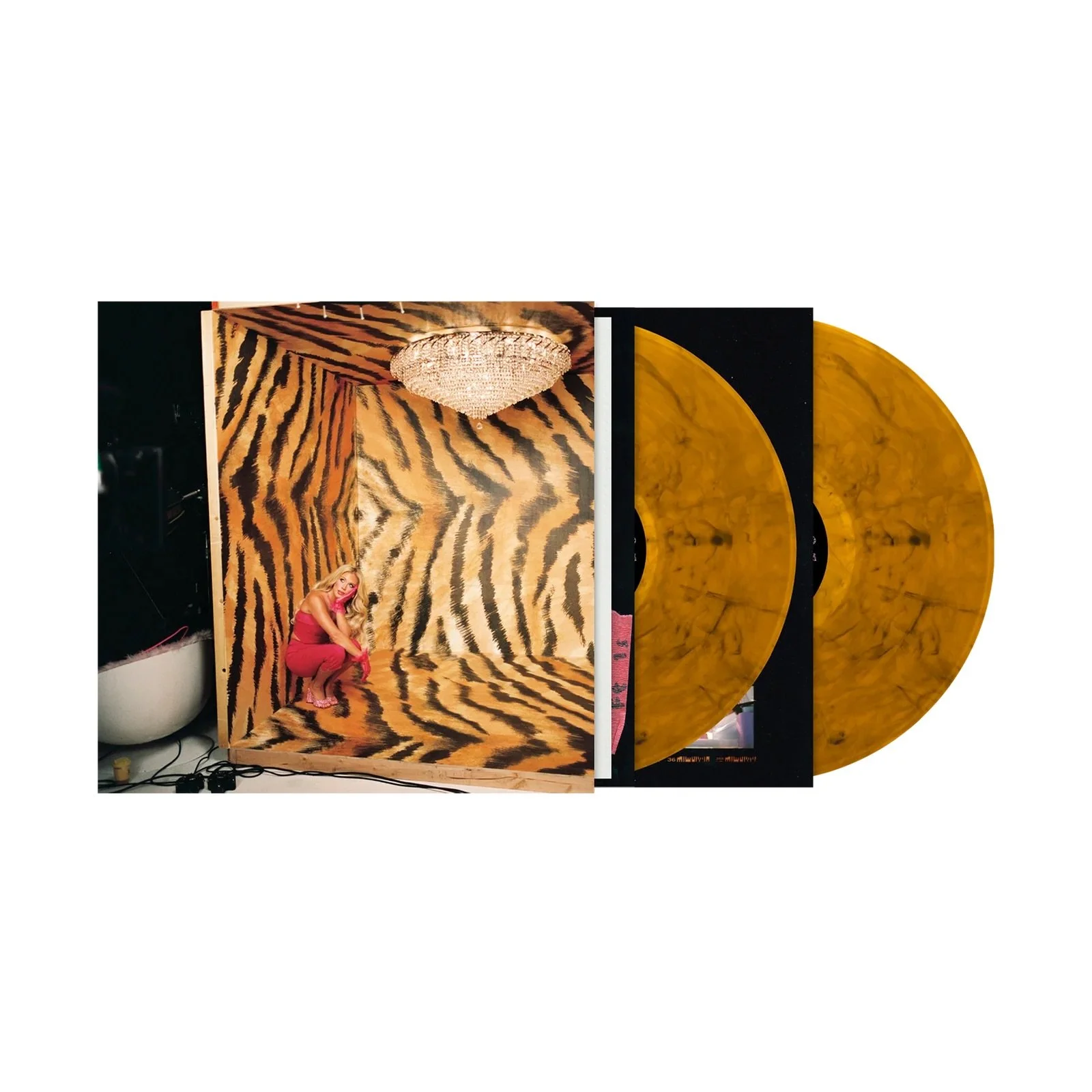 Composite image of the Tiger Cloud cover art and amber-colored vinyl record that inspired this tiger nail art tutorial.