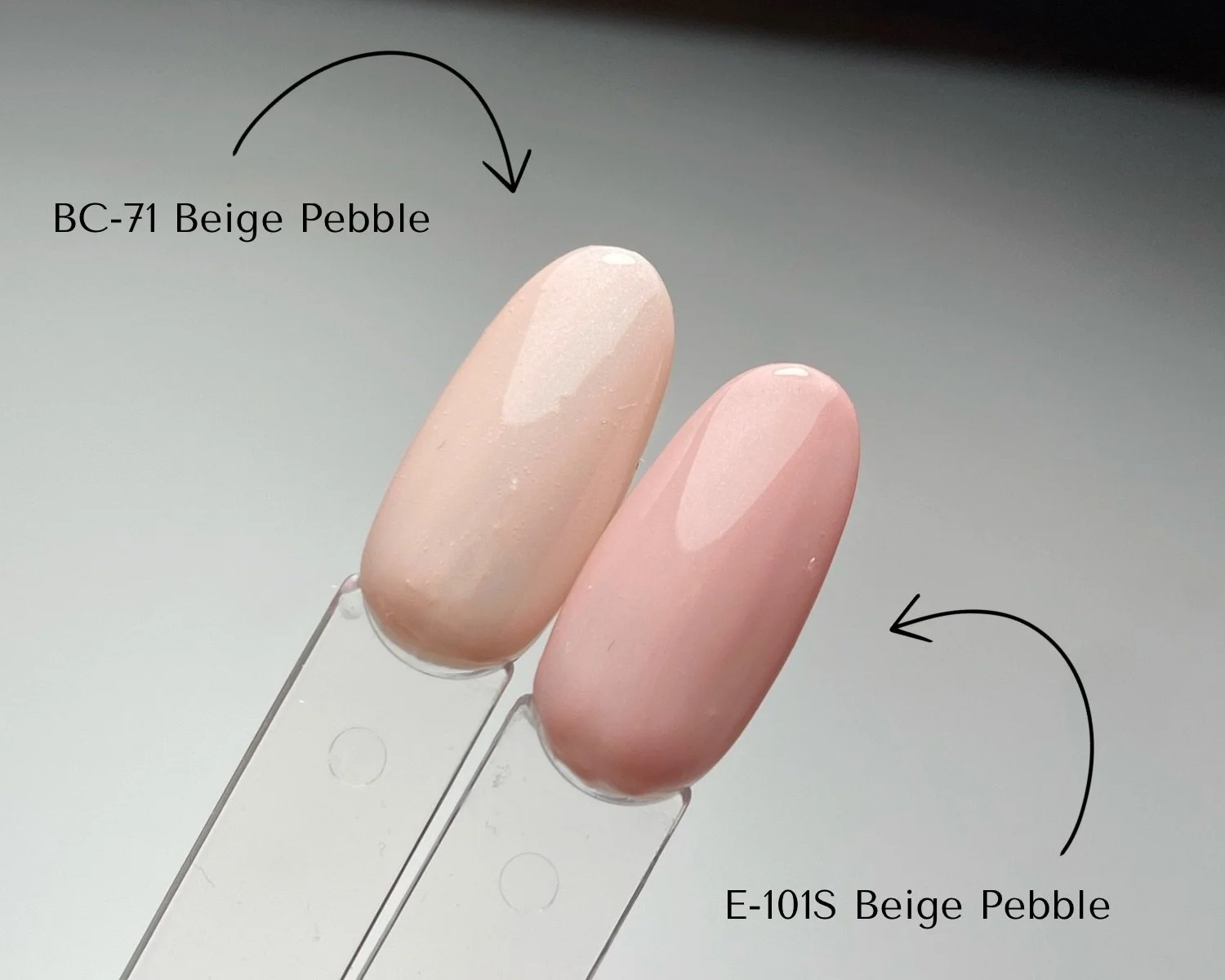 Side-by-side comparison of KOKOIST Bottle'N Go BC-71 Beige Pebble and Excel Color E-101S Beige Pebble swatched on clear swatch sticks.