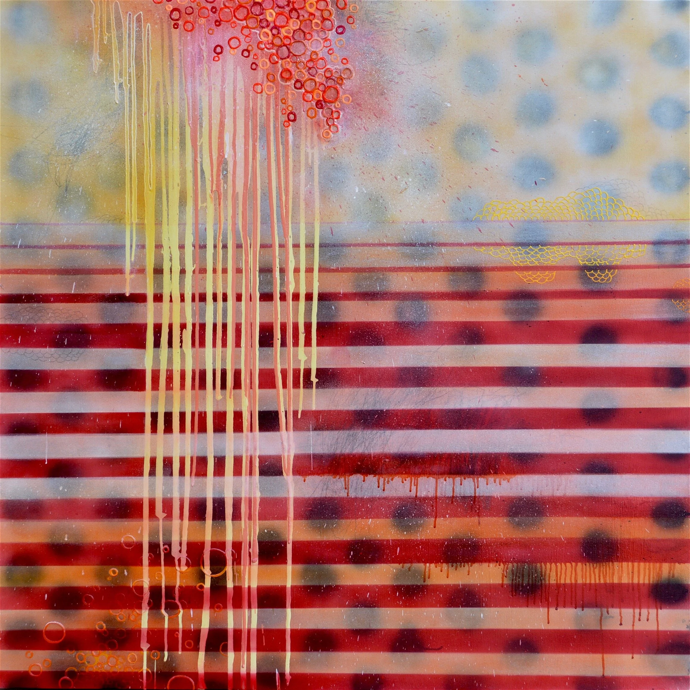Constitutional Transformation, Acrylic paint, polymers, spray paint, 3-D puff paint, phosphorescent paint, glitter, nail polish, paper, and graphite on canvas, 48 x 48 inches