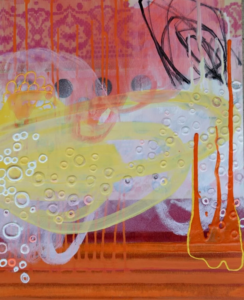 Denial, Acrylic paint, polymers, spray paint, 3-D puff paint, phosphorescent paint, glitter, nail polish, paper, and graphite on panel, 20 x 16 inches