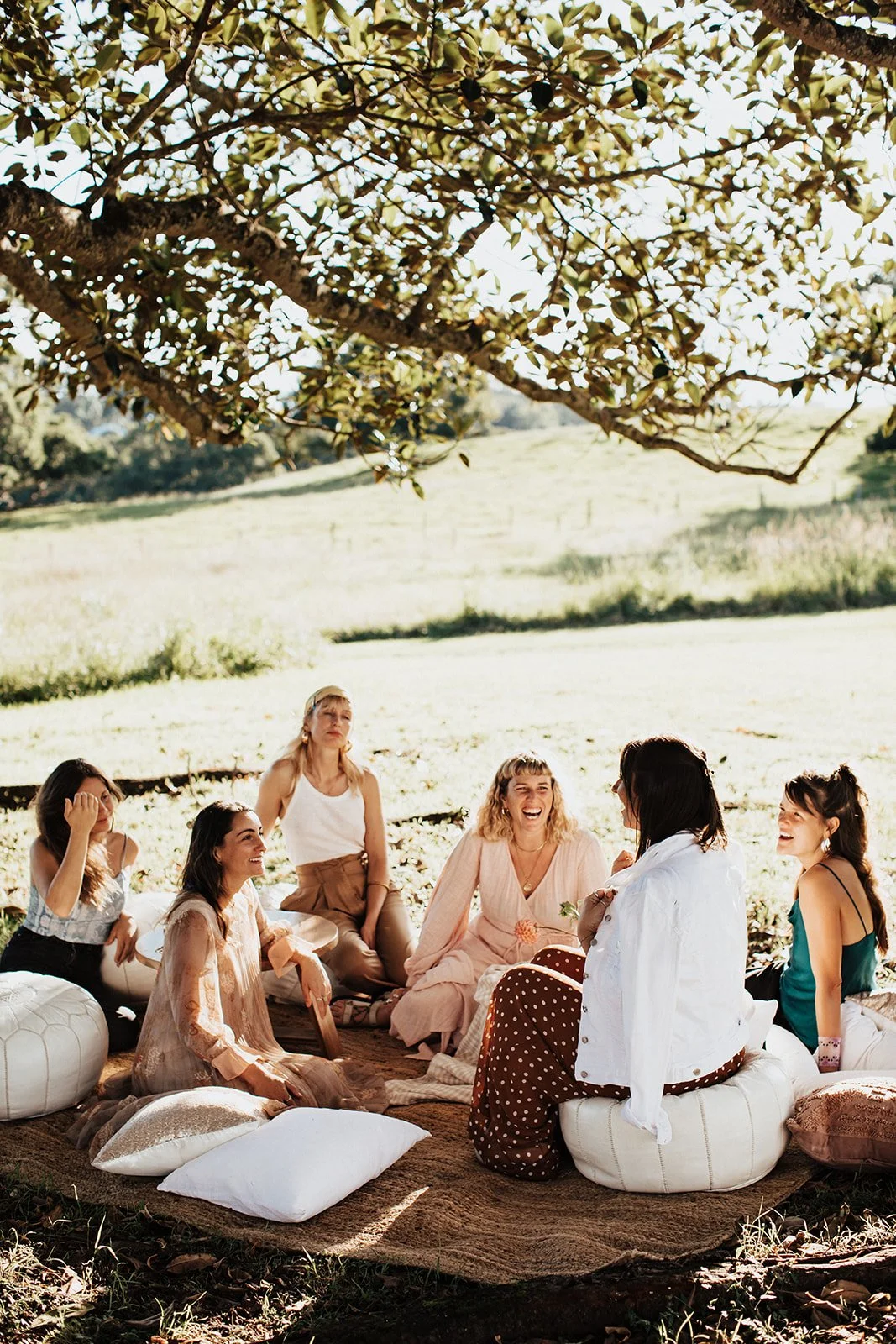 A group of women sitting outdoors under a tree, enjoying a picnic in a grassy field on a sunny day.