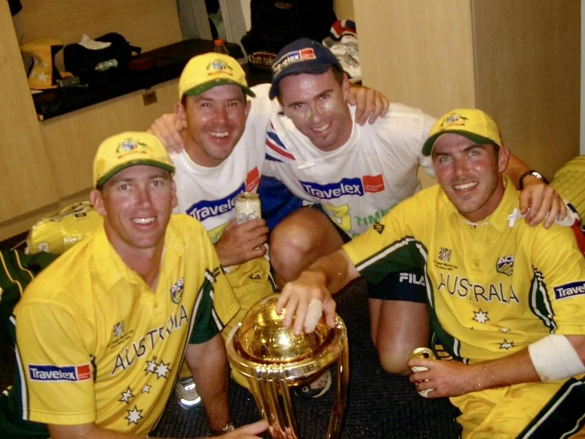 Jock Campbell with Ricky Ponting, Damian Martyn and Glenn McGrath after the 2003 World Cup win
