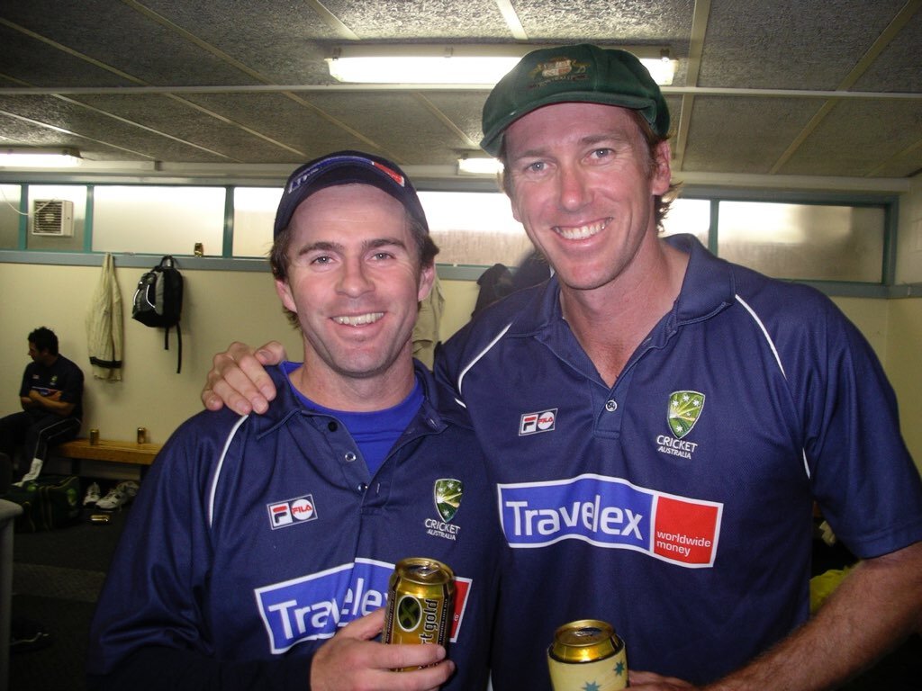Jock with Glenn McGrath after winning the test series against New Zealand in 2005