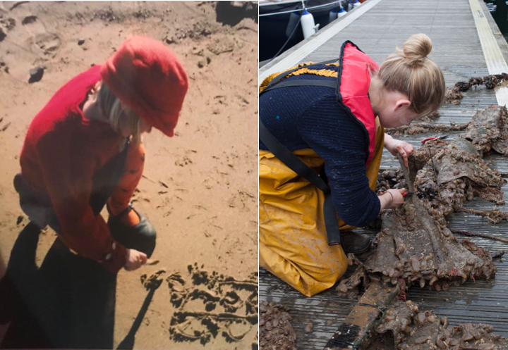 Left: Imogen as a toddler drawing in the sand. Right: Imogen conducting marine litter research at the University of Plymouth. Photos: Imogen Napper