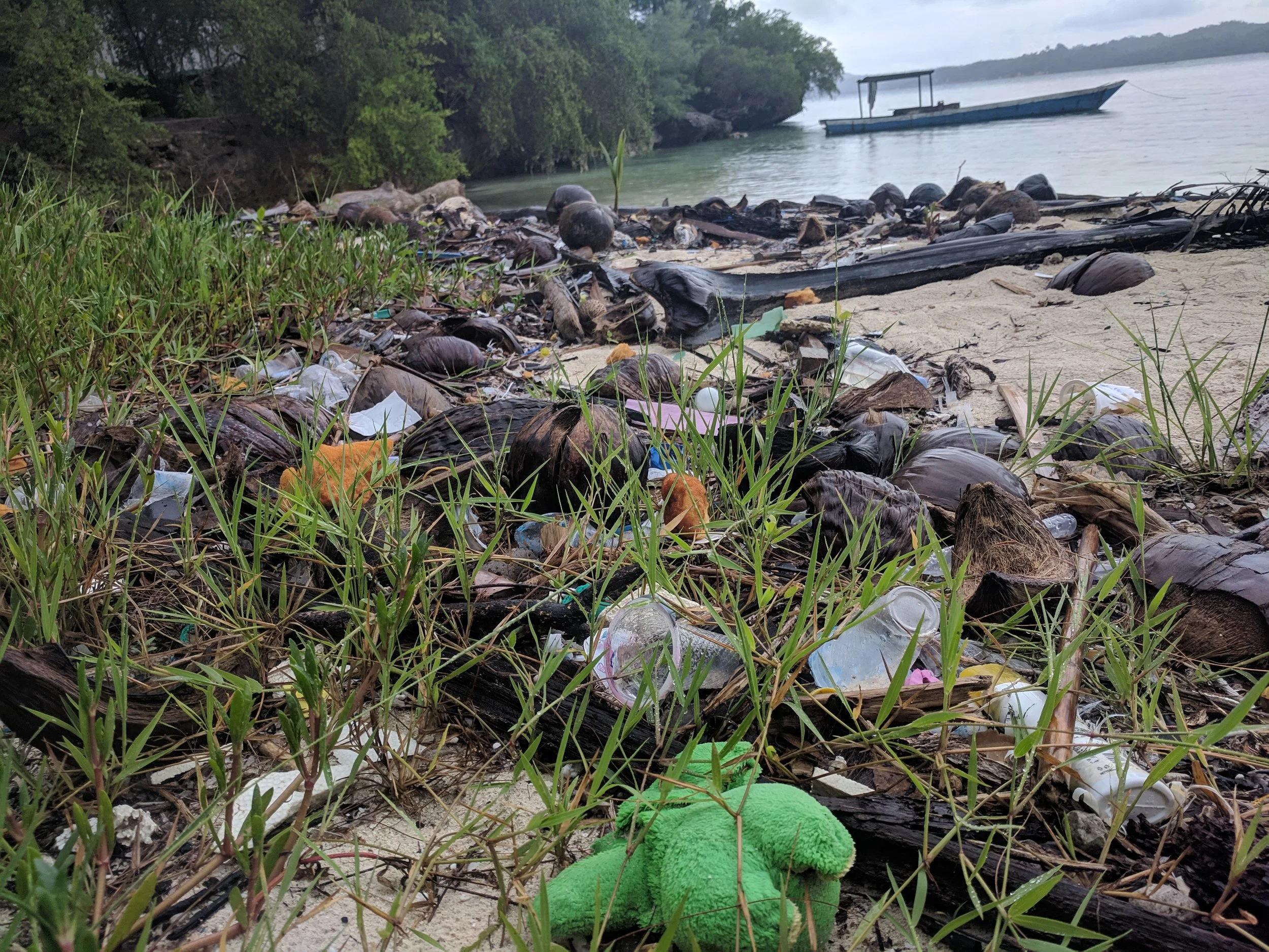 Drowning in plastic! The high tide line on a remote island in Indonesia is littered with single use plastics. Photo: Shawn Rykaczewski