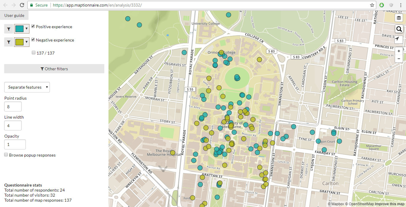 Figure 2 Responses from the Maptionnaire survey of my Health Geography class