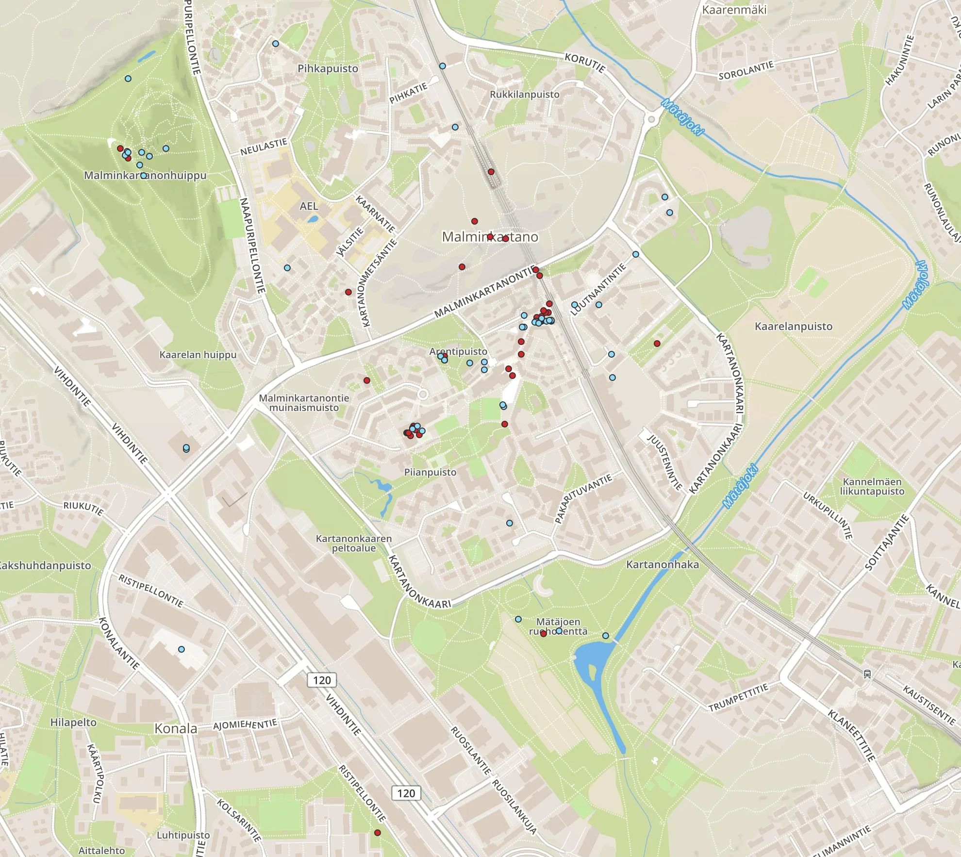 Apollo School’s 7-9 graders’ view of Malminkartano. Enjoyable places are marked with blue and unpleasant ones with red.