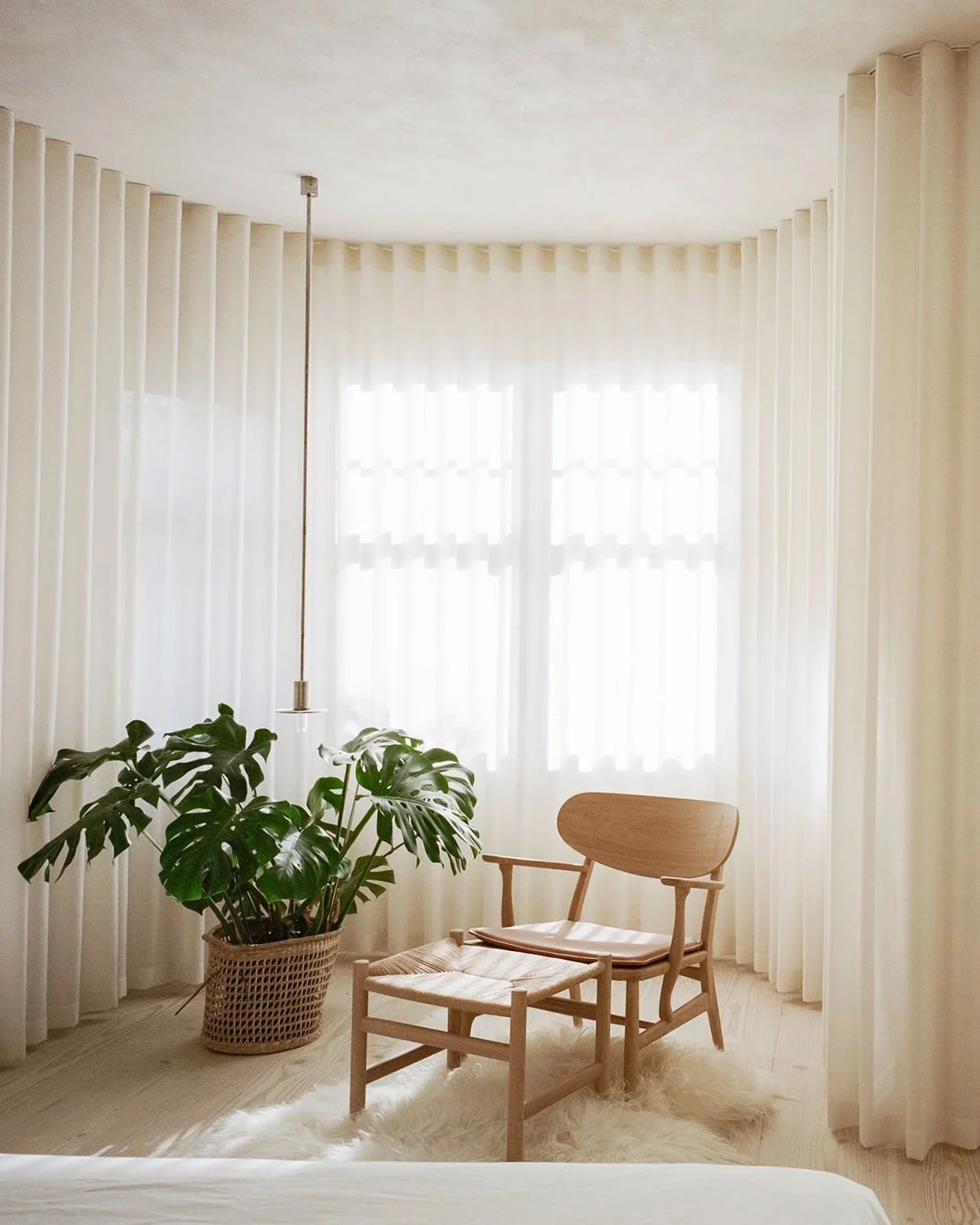 Interior of a room with a wooden chair and footstool on a fluffy white rug, a large potted Monstera plant, and curtains covering large windows, with natural light coming through.