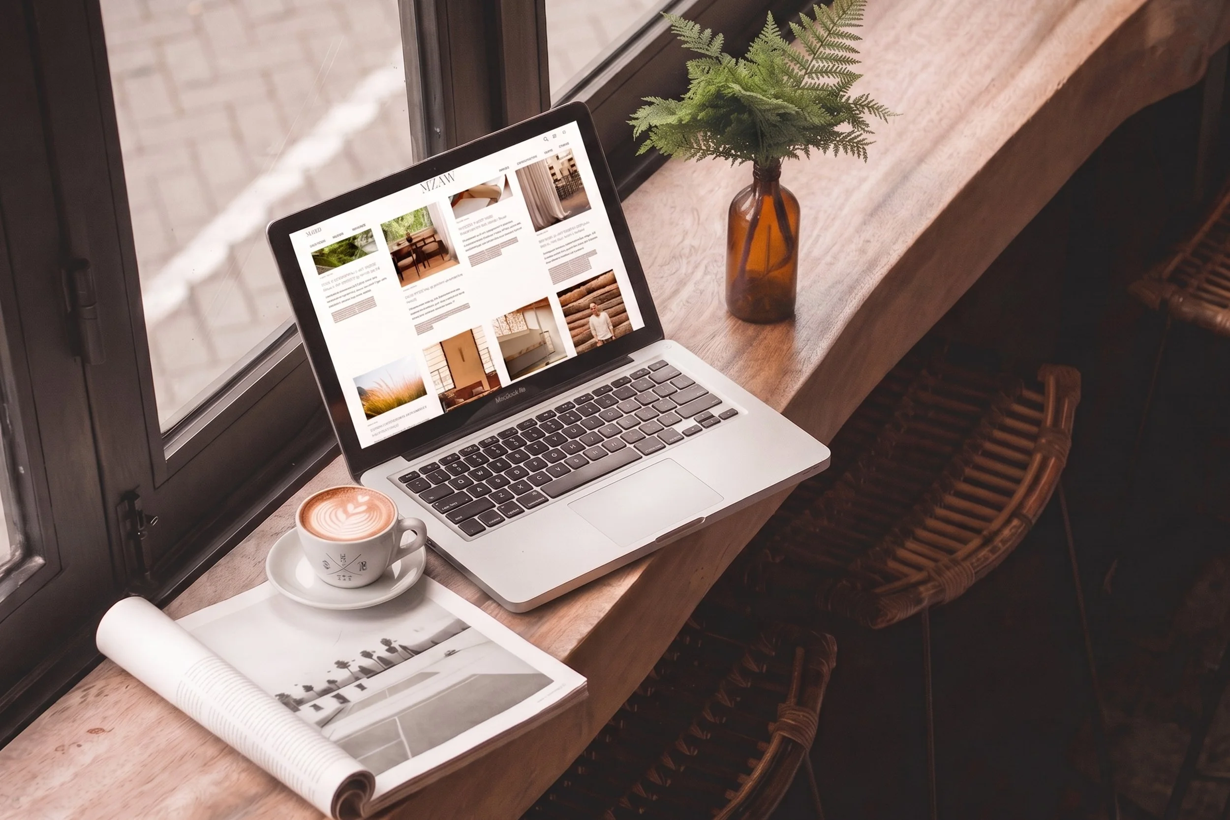 A workspace with a laptop displaying a design website, a cup of latte with latte art, a potted fern in a brown glass bottle, and a rolled-up architectural blueprint on a wooden table next to a large window with natural light.
