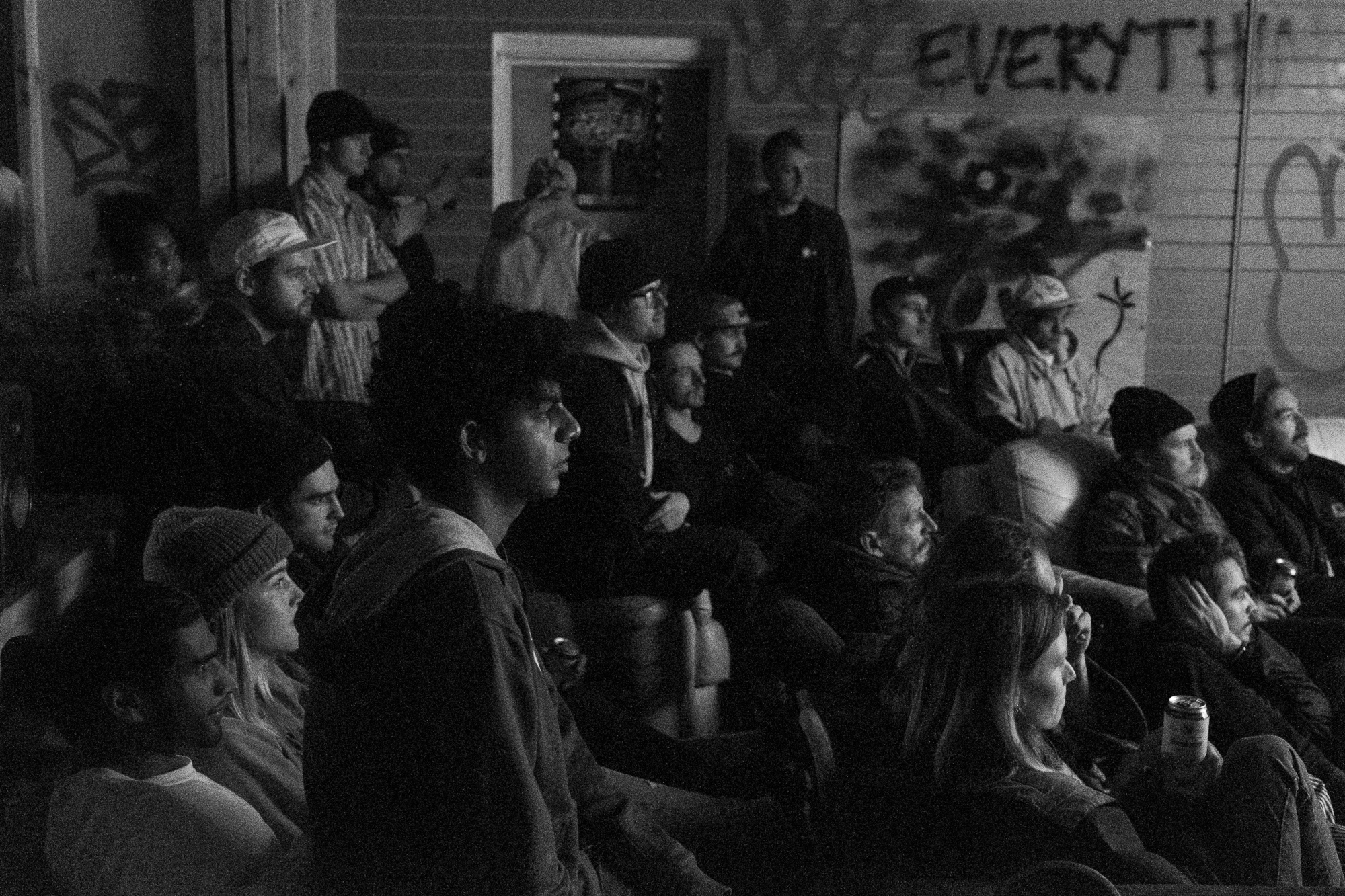  Audience watching one of Jackson Davis’ films as part of  Skate Nottingham ’s Film Festival at Flo Skatepark, 16-17 November, 2018. 