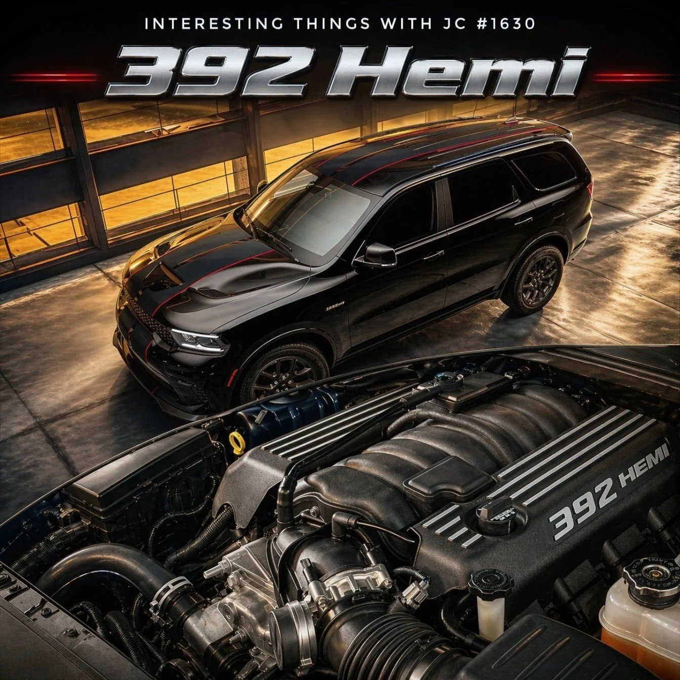 Promotional graphic showing a black SUV and a close-up of a 392 HEMI V8 engine under dramatic garage lighting, with the title “Interesting Things with JC #1630: 392 Hemi” at the top.