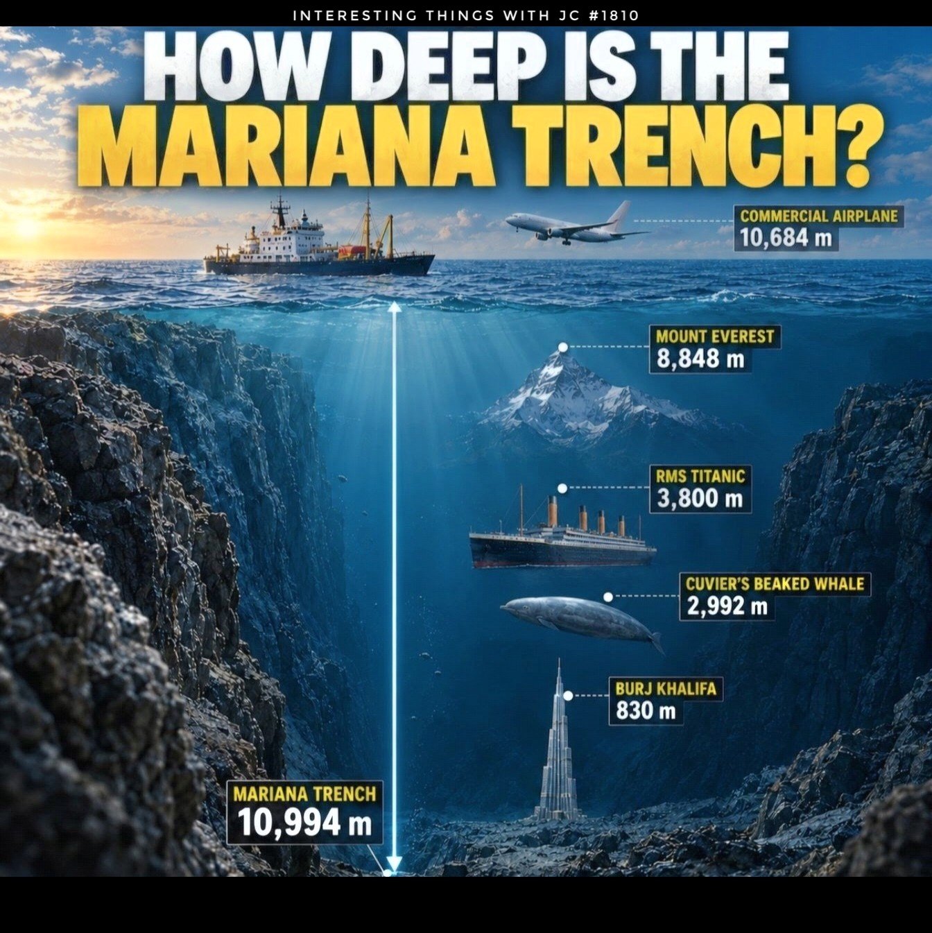 Podcast cover art for Interesting Things with JC, episode #1810, “How Deep is the Mariana Trench,” depicting the immense darkness and depth of the Pacific Ocean’s Mariana Trench, the deepest known ocean region on Earth.