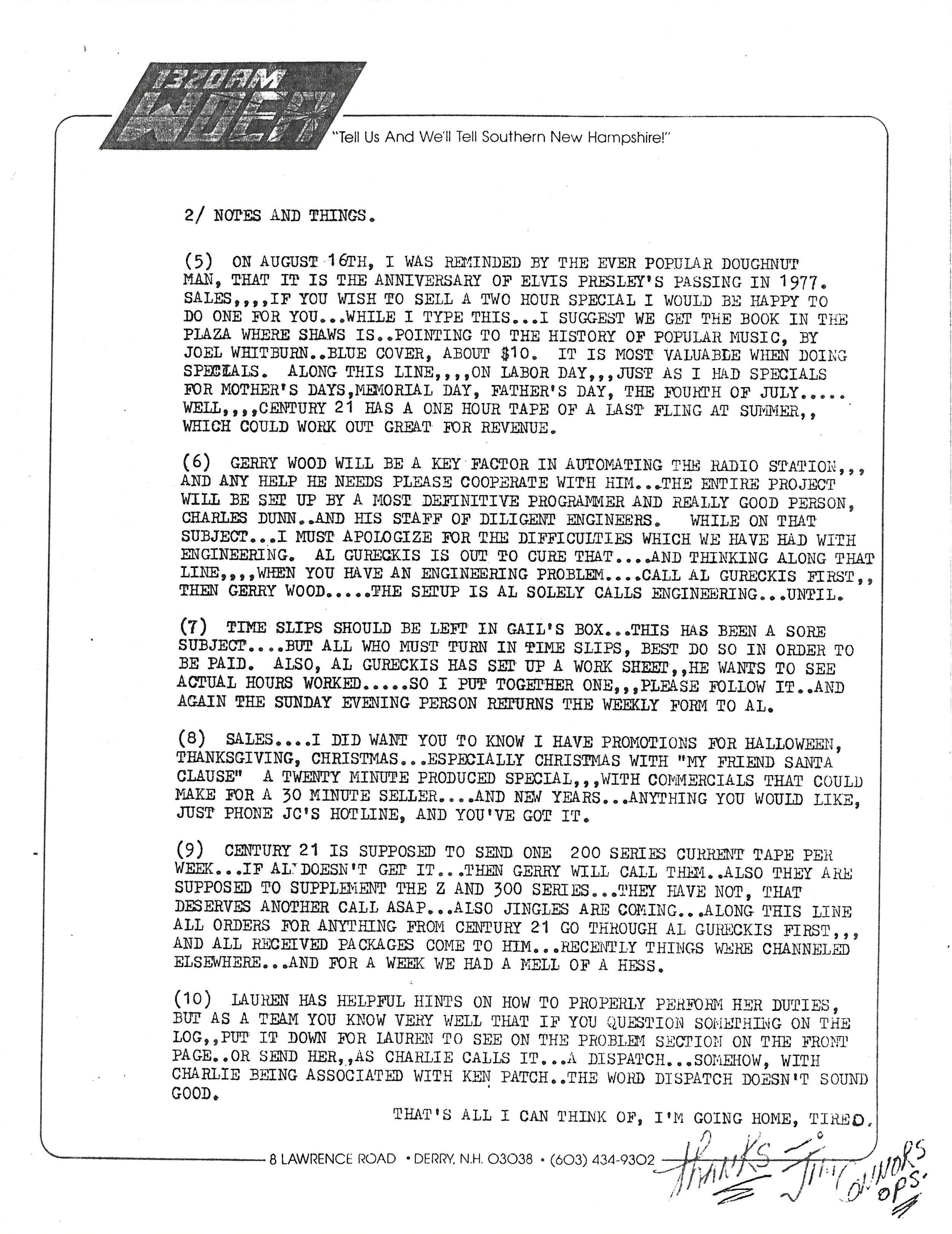 WDER staff letter 1985 Jim Connors