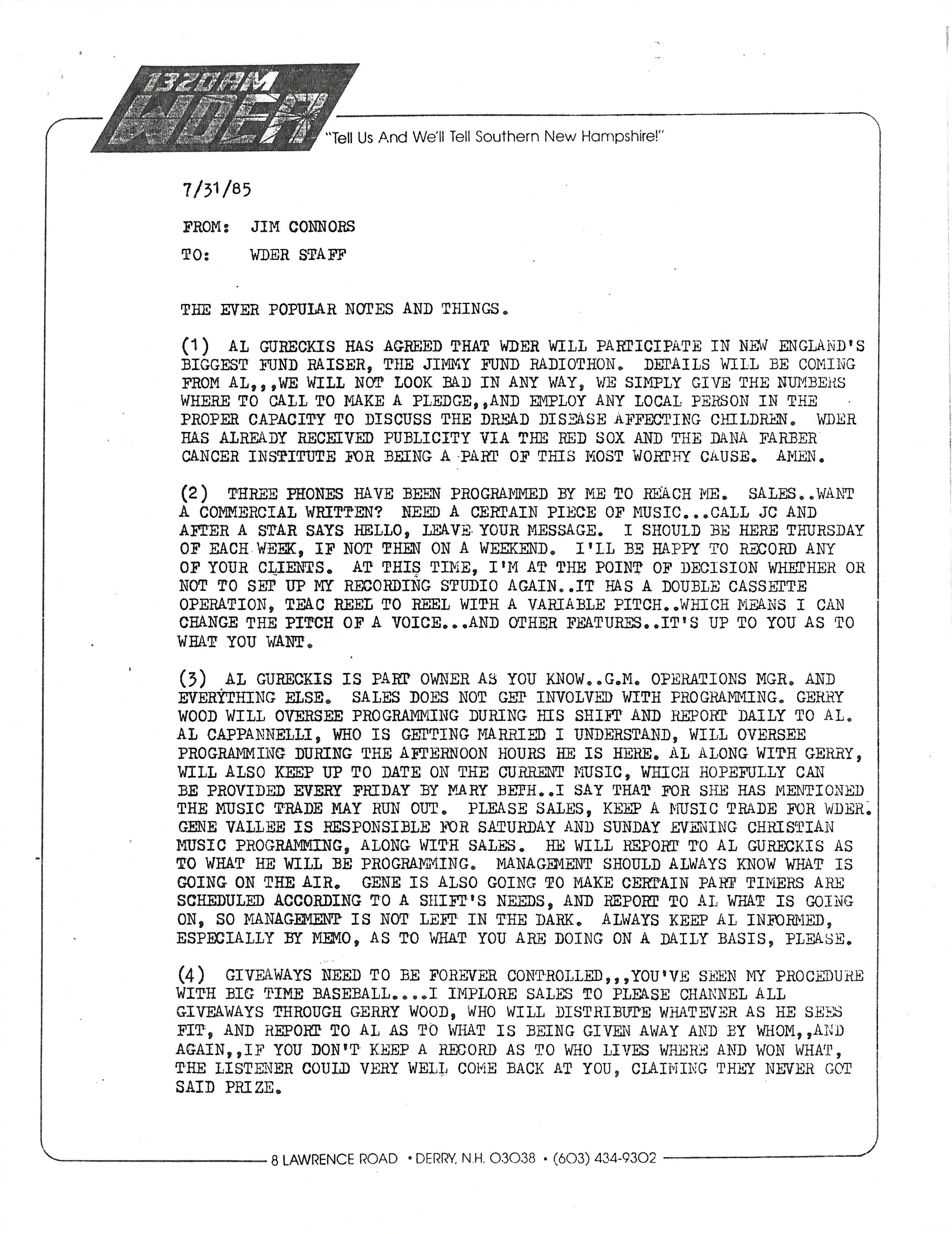 WDER staff letter 1985 Jim Connors