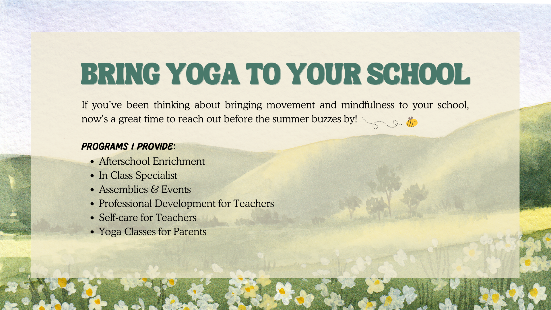 bring kids yoga to your montessori school or preschool in new york city (nyc). programs include after-school enrichment, assemblies and events, professional development for teachers, self-care for teachers, and yoga classes for parents.