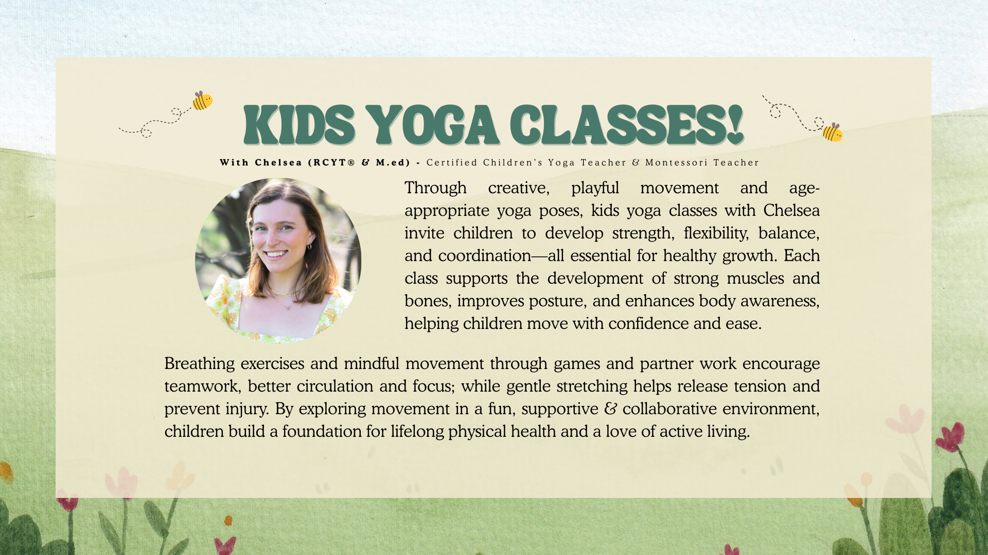 the benefits of montessori-inspired kids yoga in schools and preschools; strength, flexibility, balance, coordination, SEL, confidence, focus, concentration, fun.