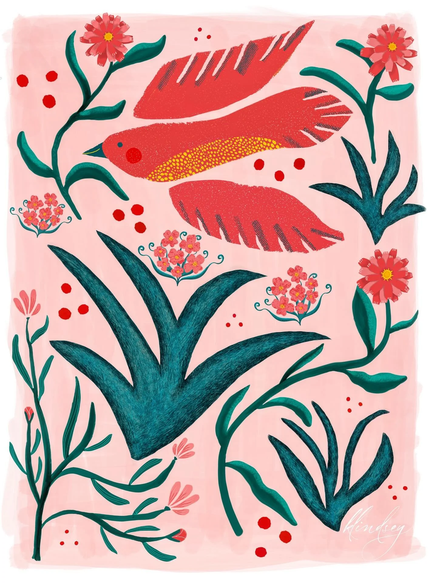 &ldquo;The Happy Bird&rdquo;

As I was working on another painting, this happy guy distracted me and demanded my attention until he was finished. I really enjoyed creating all the different textures and details in the plants and flowers on this one!
