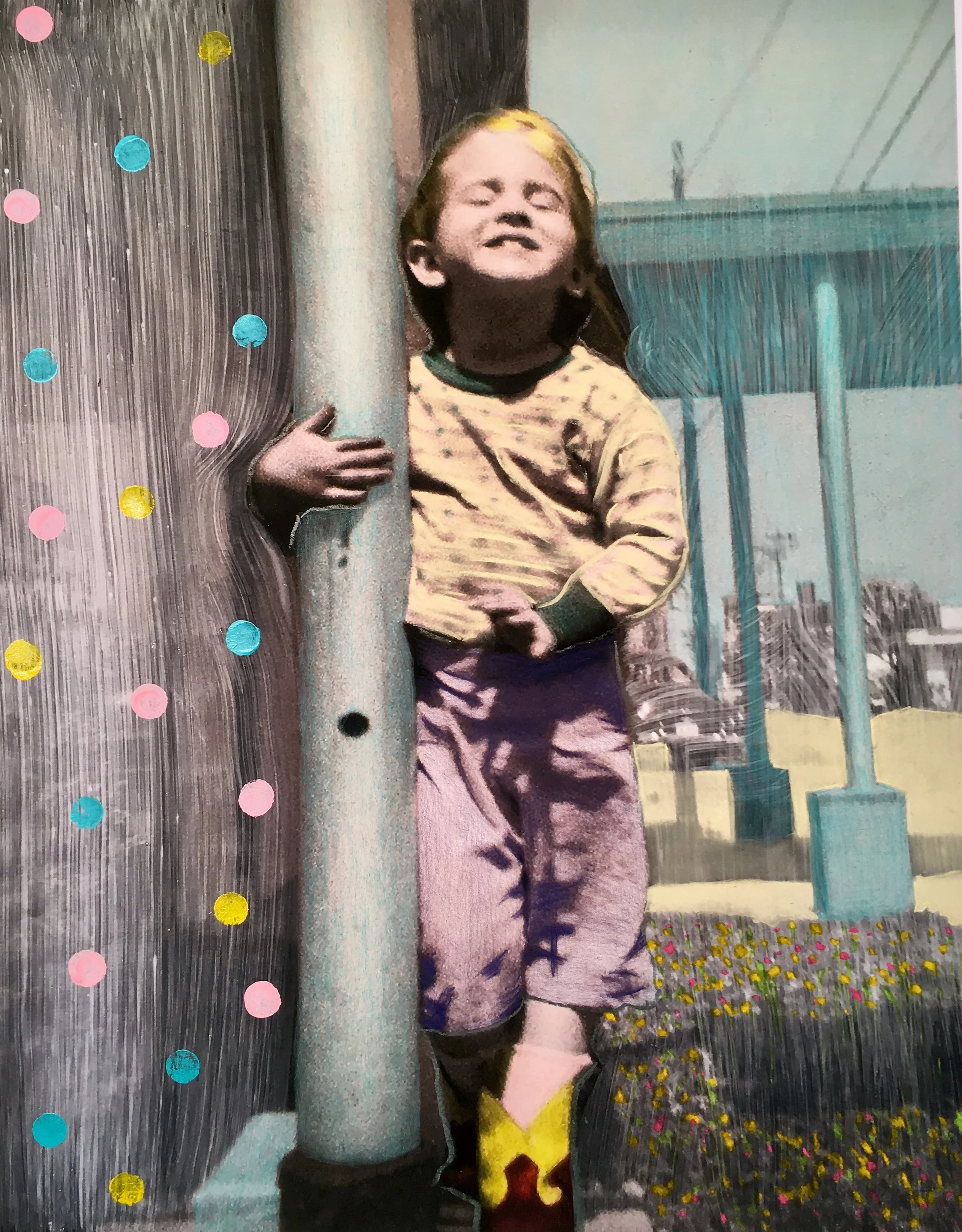 Kate Lindsey as a young child with a yellow shirt, blue shorts, and yellow and red cowboy boots, standing outdoors beside a pole, with a colorful background of flowers and grass in a hand painted photograph.
