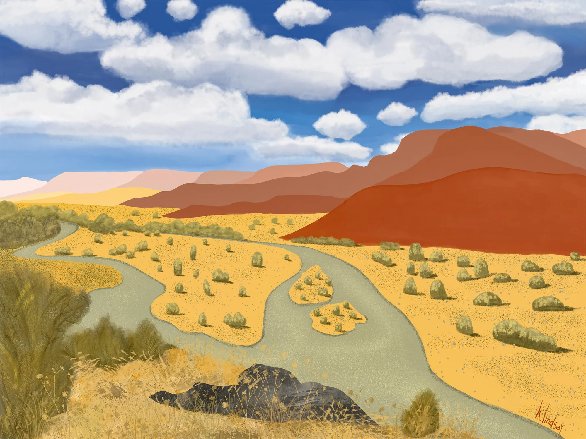 A digital painting of a landscape with rolling hills, a winding river, trees, and a bright blue sky filled with white, fluffy clouds.
