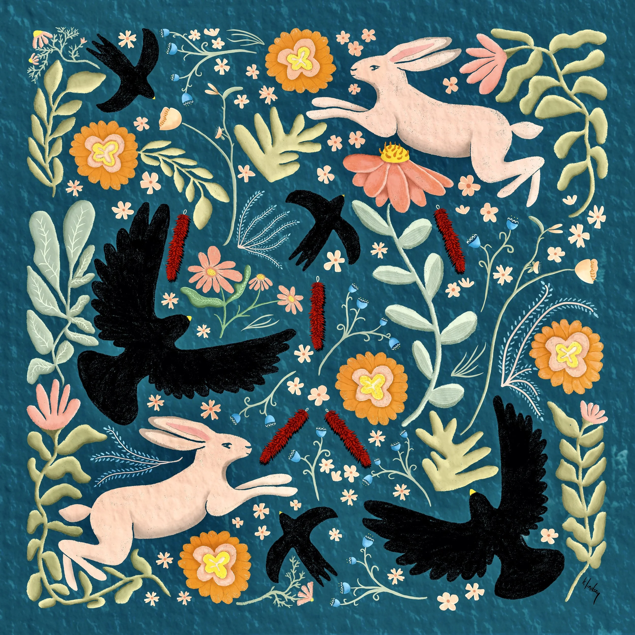 Colorful illustration featuring a pink rabbit surrounded by orange and pink flowers, green leaves, black birds, and blue butterflies on a blue background.
