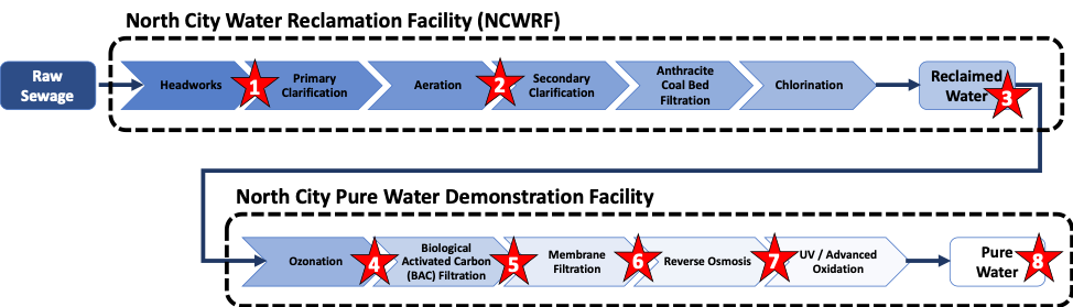 A summary of the many steps required in the Pure Water Project’s wastewater treatment process. The stars represent at what points we sampled, and looked for bacteria and viruses in the water. Credit: Elizabeth Dinsdale
