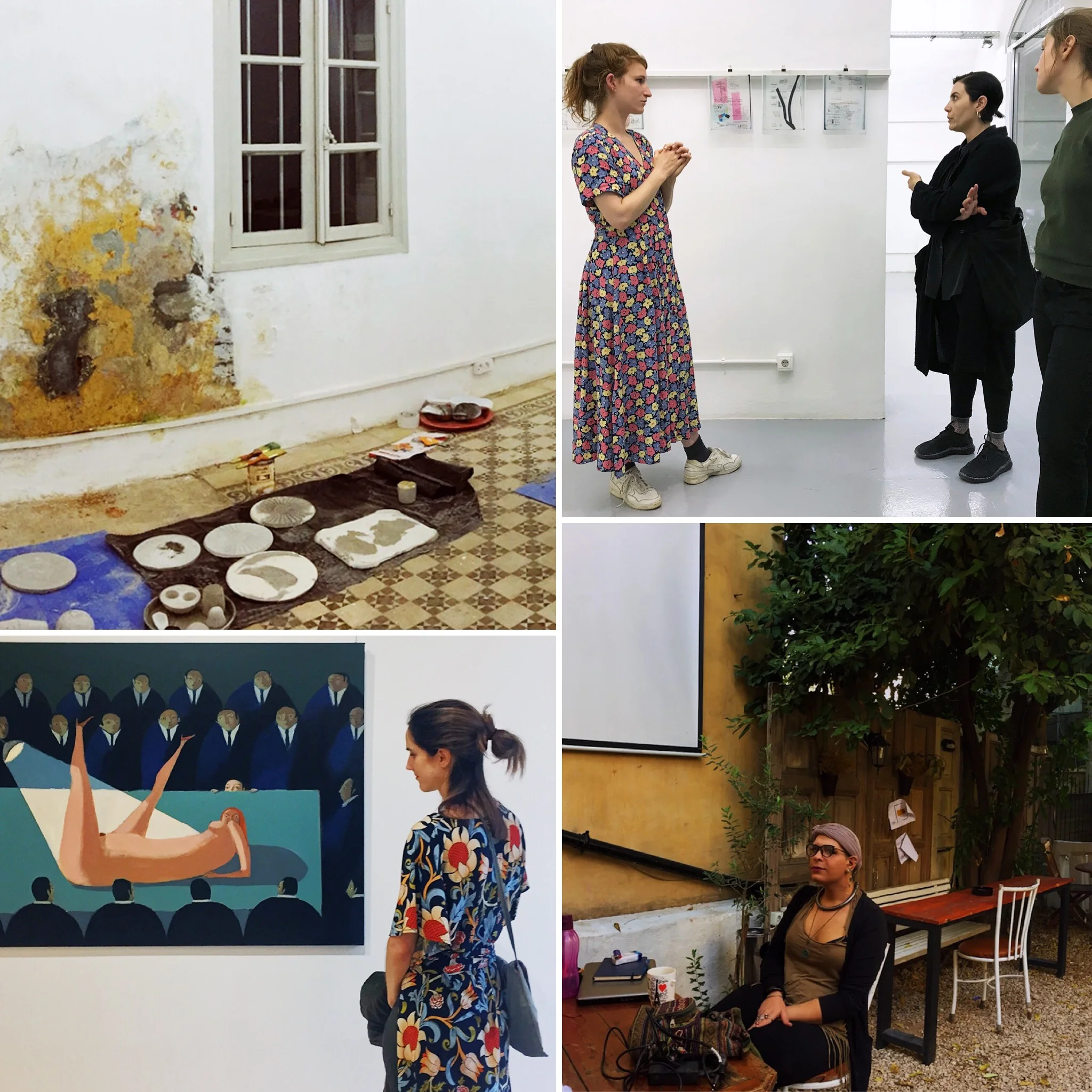 Top LEFT: The studio with work from our upcoming intervention CONTRADINE;  TOP RIGHT: Regina attending an exhibition walk-through with Elisabeth Kraus, another artist-in-residence, at 392rmeil393 Gallery;  BOTTOM LEFT: Lara visits ARTLAB Gallery to …