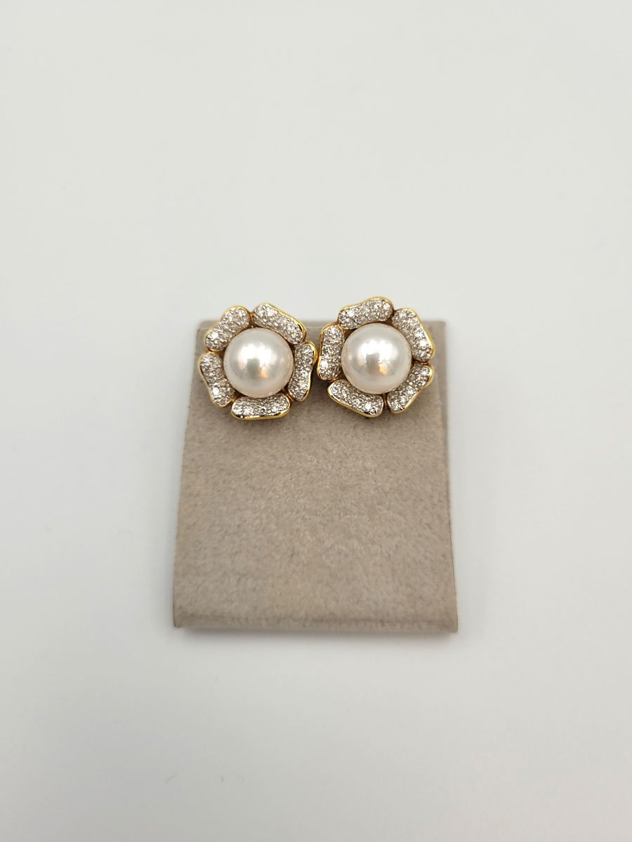 Ohrsteckerclips Gelbgold Perlen Diamanten