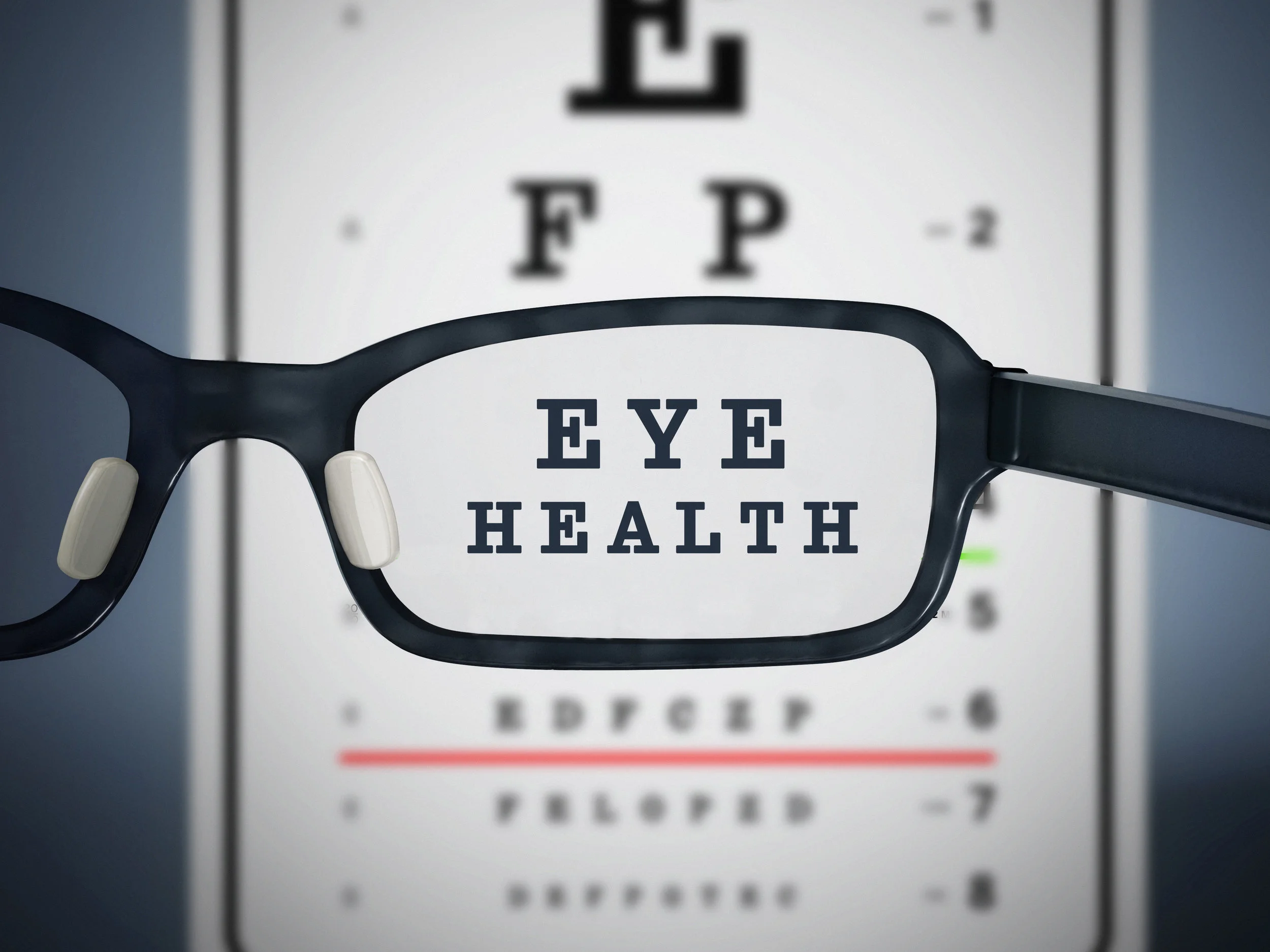 Eye test chart and eyeglasses. 3D illustration