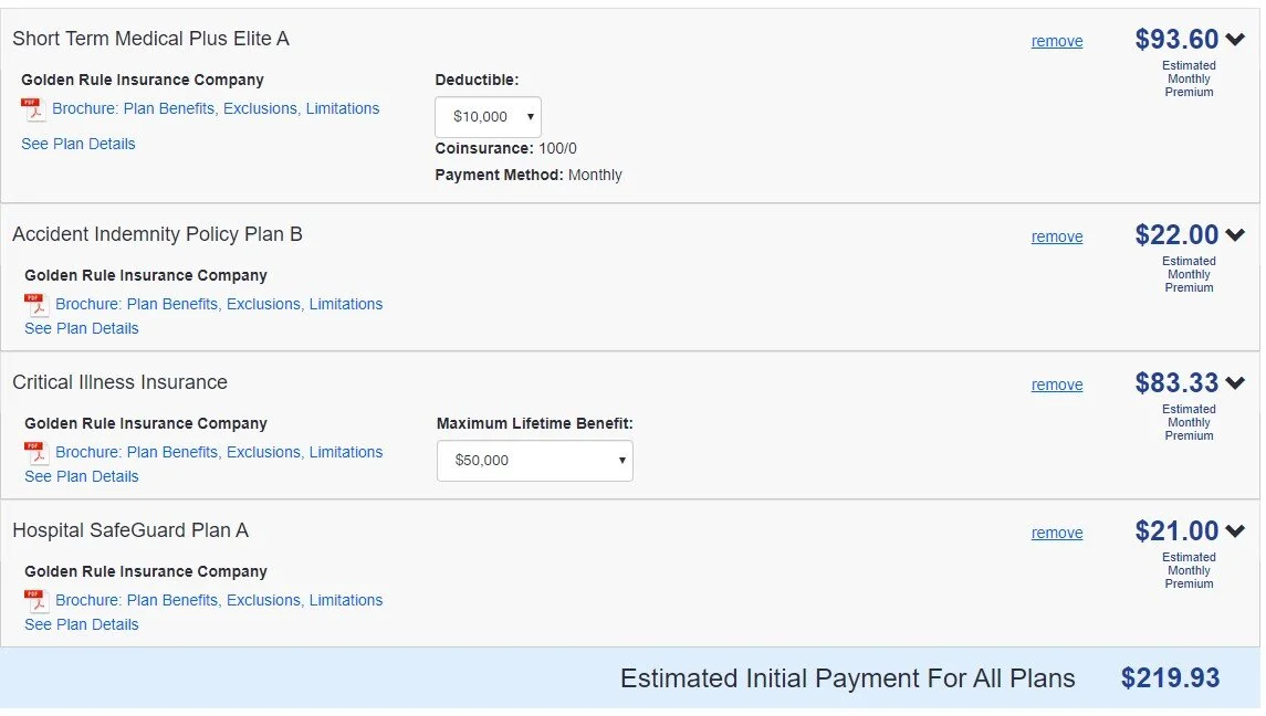 For under $220 per month he has the Short-Term Medical Plan with up to $2 million in benefits that pays 100% of covered costs after the $10,000 deductible is met. To offset his exposure to the high deductible, he has an accident policy that will rei…