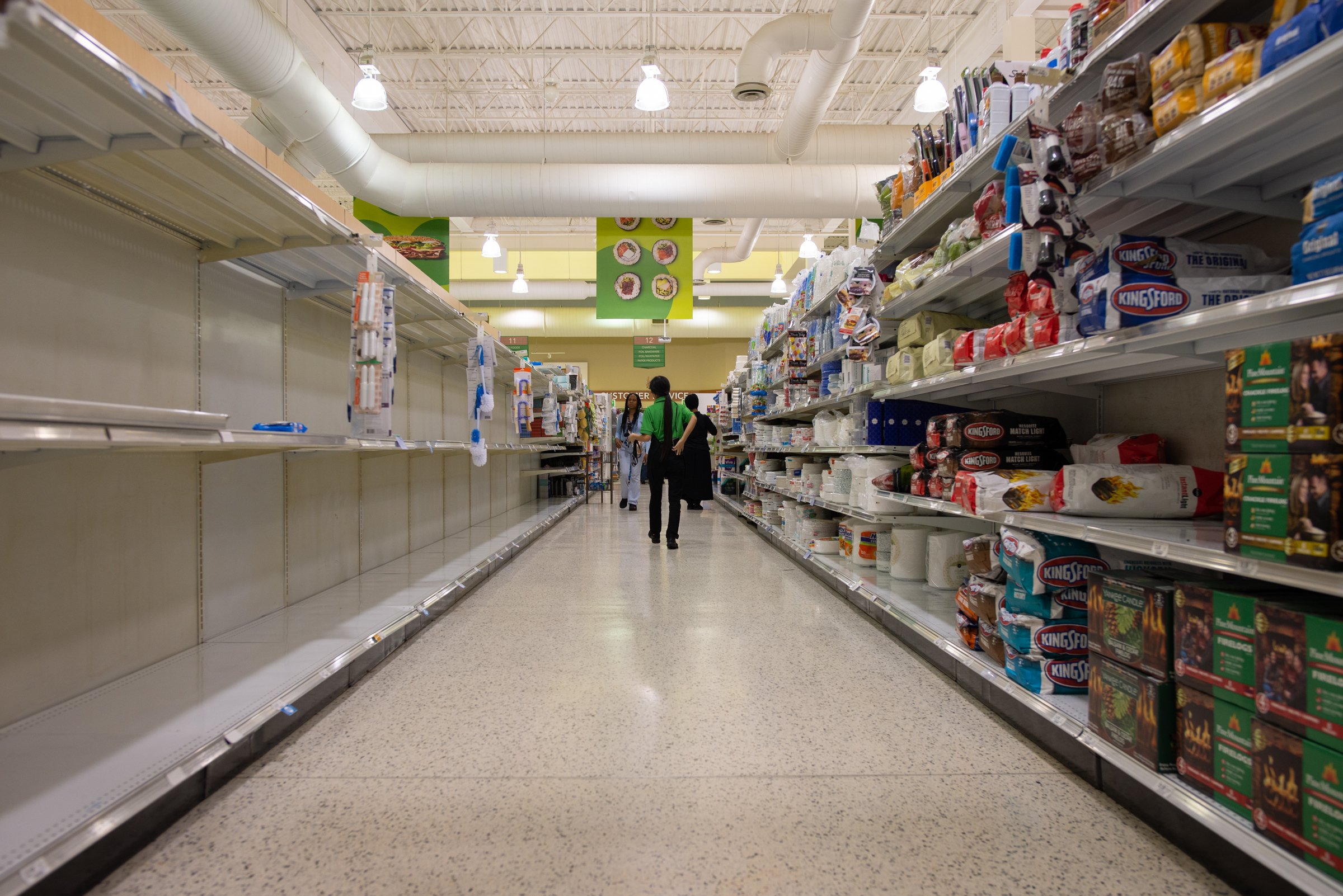  Shelves are depleted of paper products on Saturday, March 14, 2020, at the Atlanta Highway Publix in Athens, Georgia. The COVID-19 pandemic and recent declaration of a national emergency by President Trump have caused a shopping frenzy as residents 