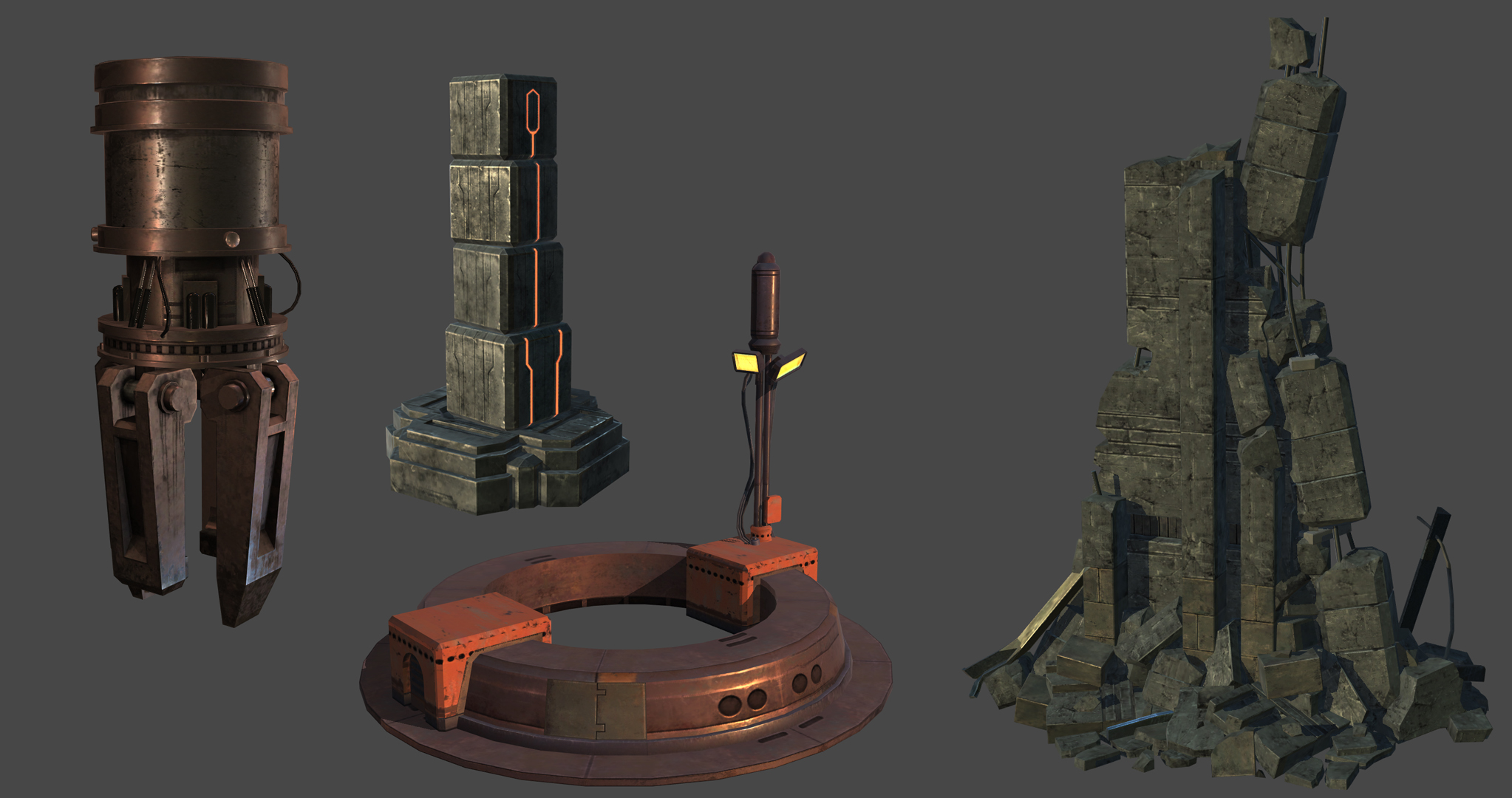  A few of the larger pieces I made for various environments. Often such pieces were built flesh out a particular level after the planet atlas had been finalized. Being mindful of this when creating the atlas allowed extensive re-use of textures. 