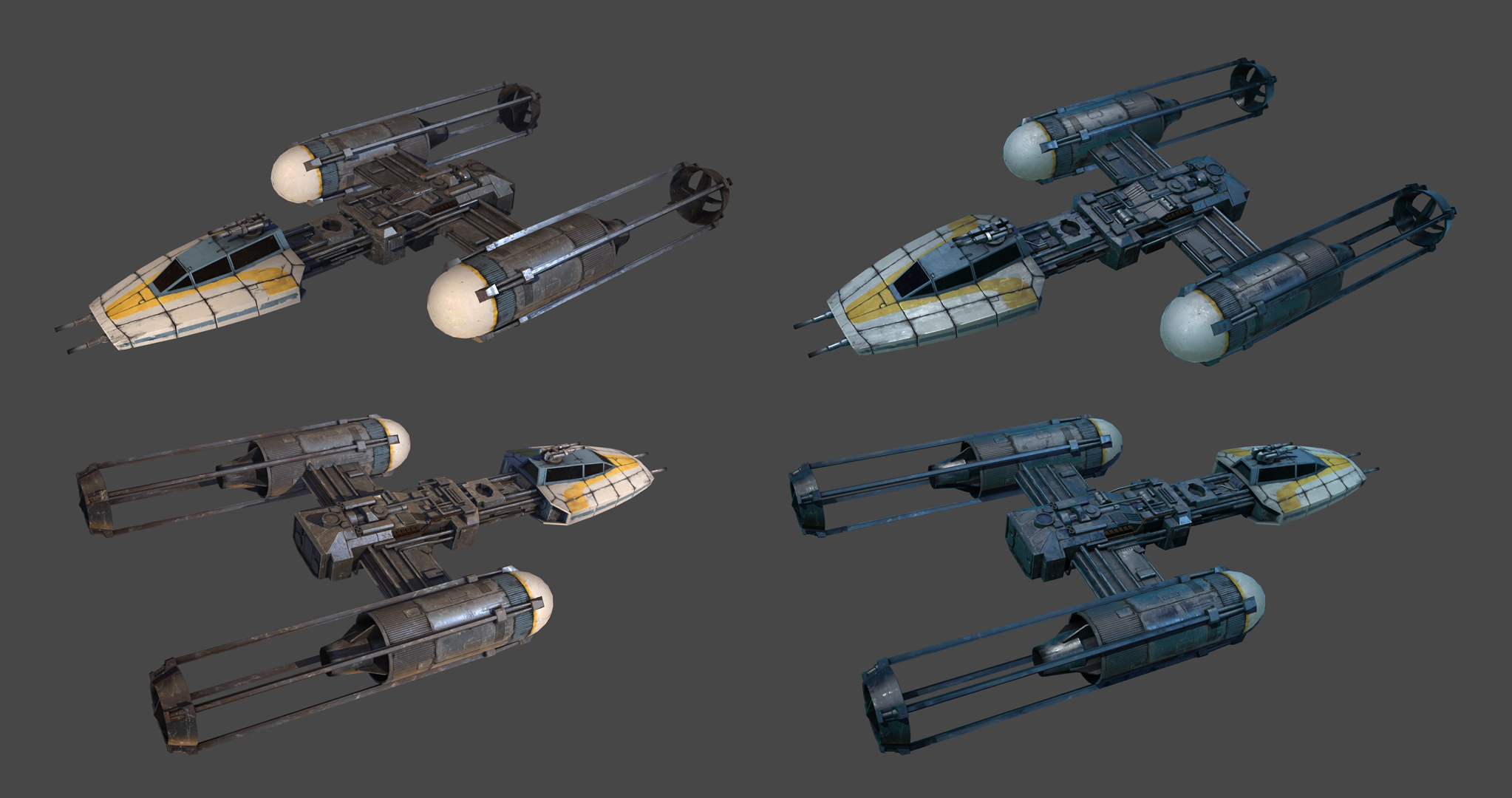  One of the first pieces I made for the project: a Y-Wing that had seen better days. This was used to develop the shaders and pipeline for the project. Shown in two examples of our environmental lighting. 