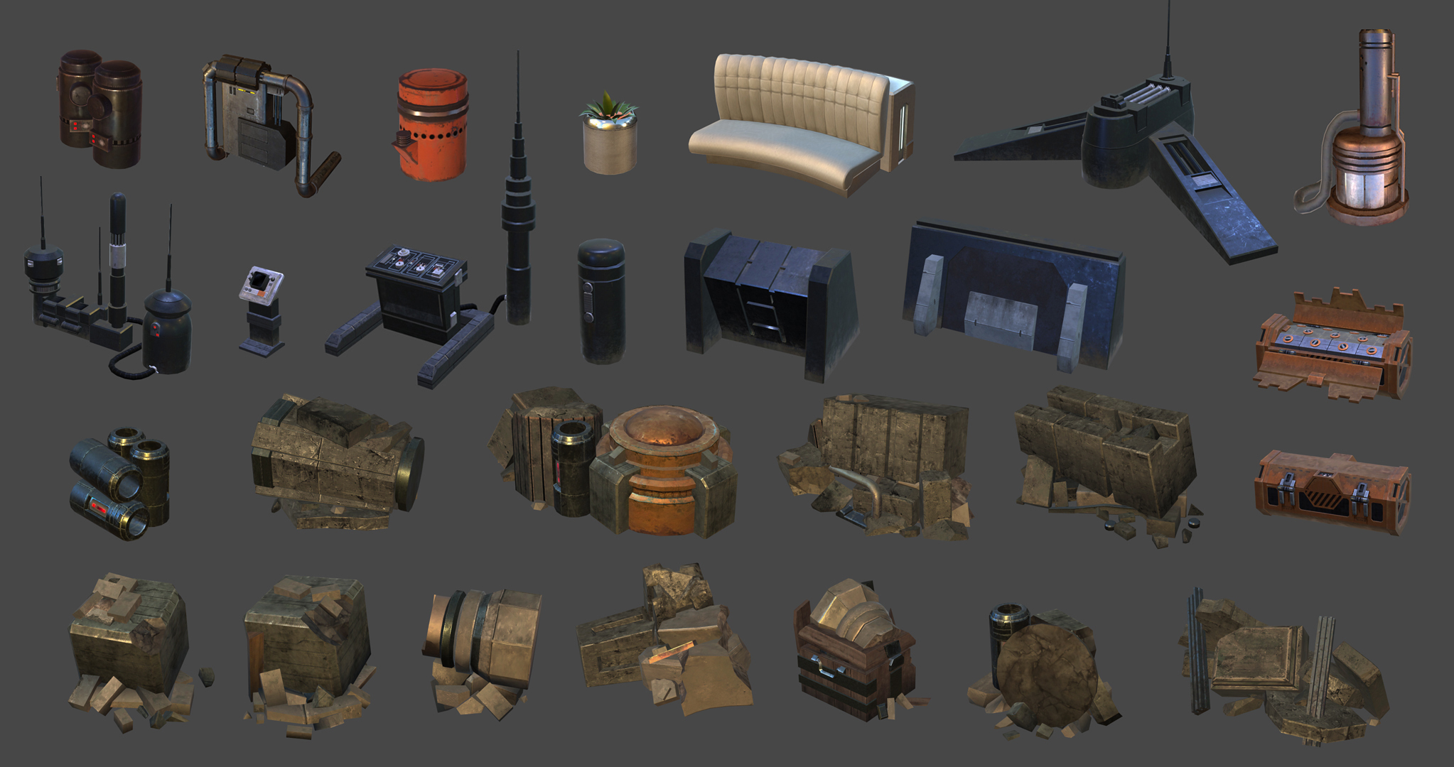  Some of the many props that filled out our levels. As with all our art, they required clever re-use of textures in order to adhere to our single-atlas-per-planet rule while maintaining the highest texel value possible. 