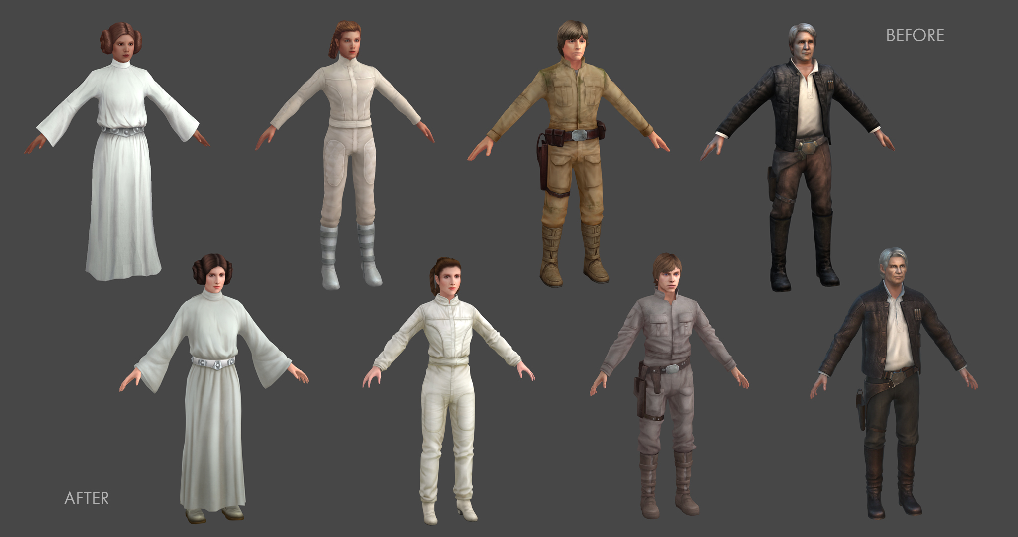  The initial test on Lando proved so successful that we immediately started revisiting our major characters to bring them up to par. Nearly every revised model ended up being lower poly despite, the increased detail. 