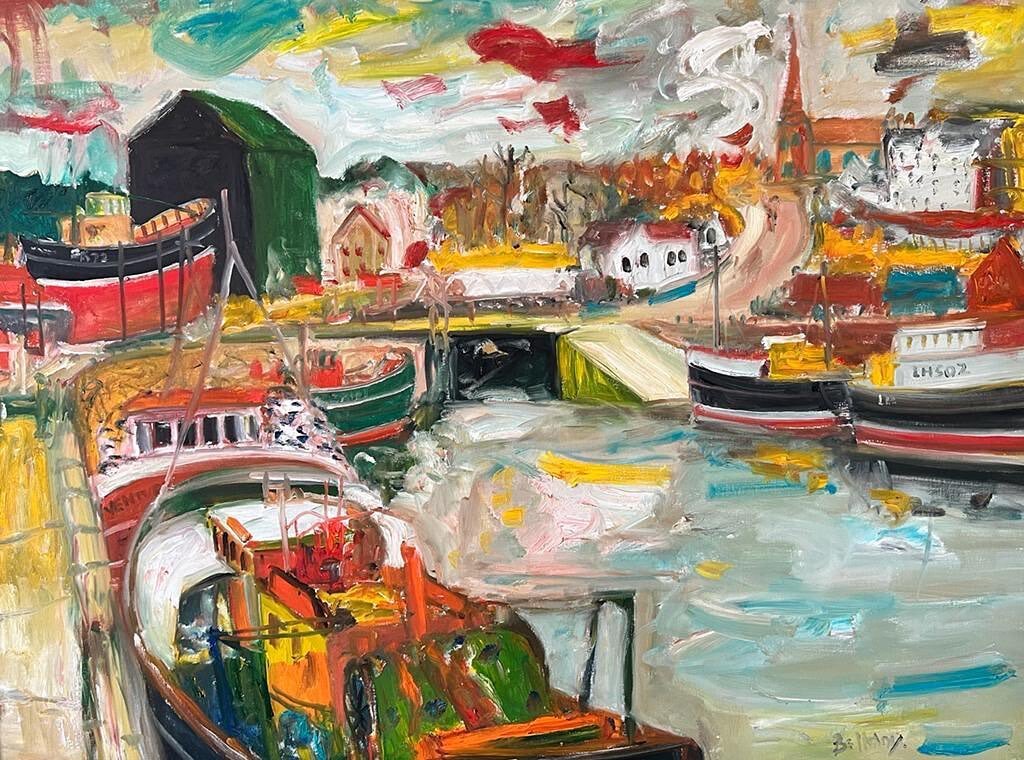 Stunning &lsquo;Eyemouth Harbour&rsquo; by John Bellany RA. Oil on Canvas 36&rdquo; x 48&rdquo;. Featured in an upcoming event this summer, please contact the gallery or visit fettesfineart.com for more information on this piece, the artist and other