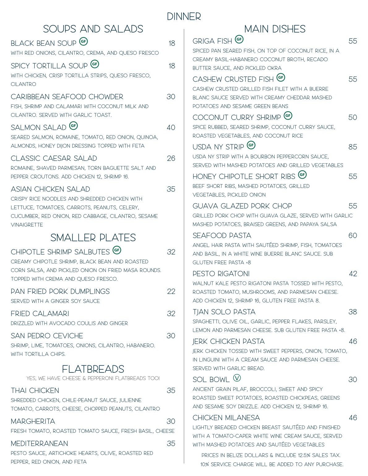 The official dinner menu for Red Ginger restaurant in San Pedro Belize featuring innovative Caribbean and seafood dishes with sections for appetizers, entrees, and desserts.