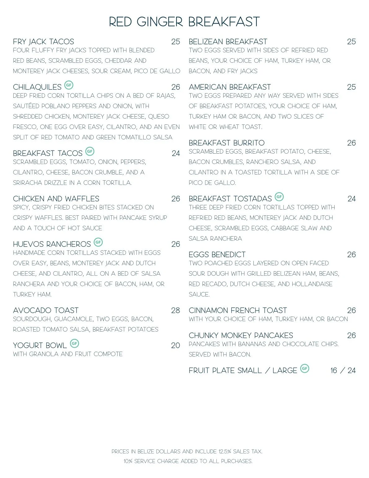 Famous brunch and breakfast menu at Red Ginger San Pedro, Belize, featuring signature eggs benedict, fry jacks, and morning cocktails.