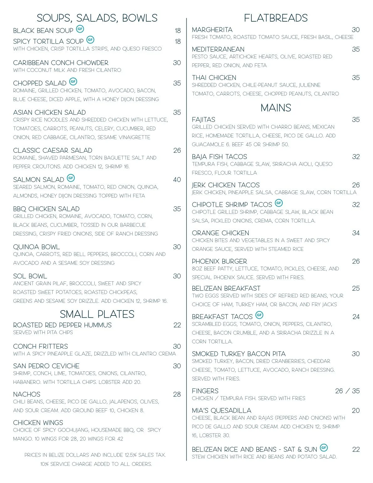 Lunch menu at Red Ginger San Pedro, including fresh ceviche, salads, and island-inspired sandwiches.