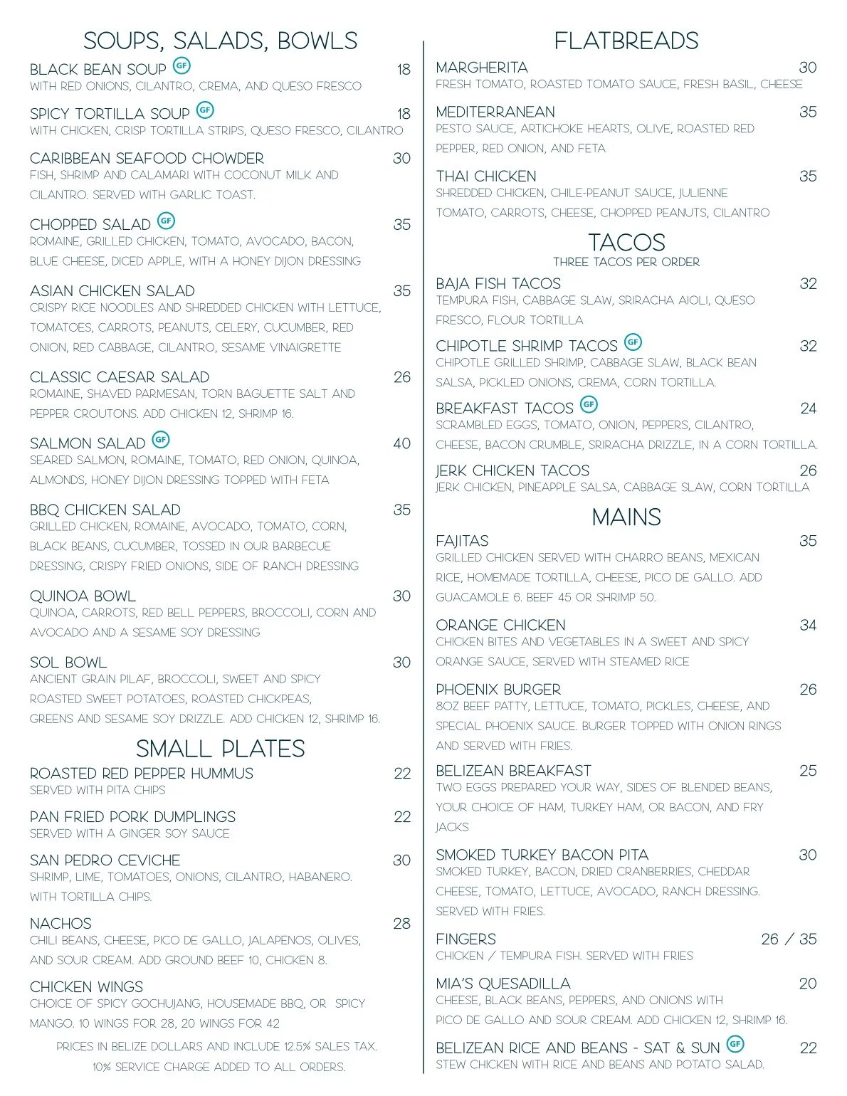 The official lunch menu for Red Ginger restaurant in San Pedro Belize featuring a variety of tapas salads sandwiches and Caribbean inspired entrees.