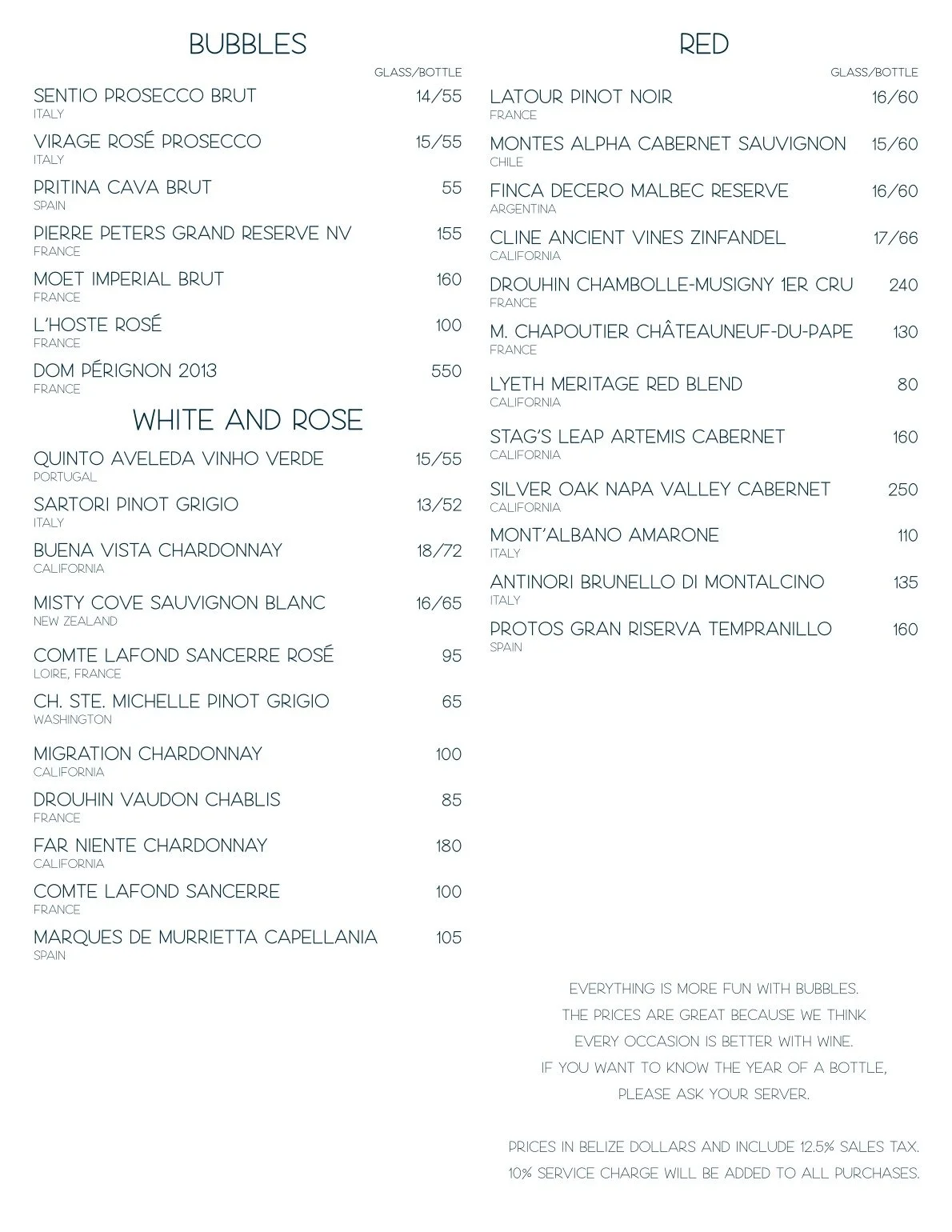 Wine list for Red Ginger restaurant in San Pedro, Belize, featuring a curated selection of international wines, champagne, and local favorites at The Phoenix Resort.