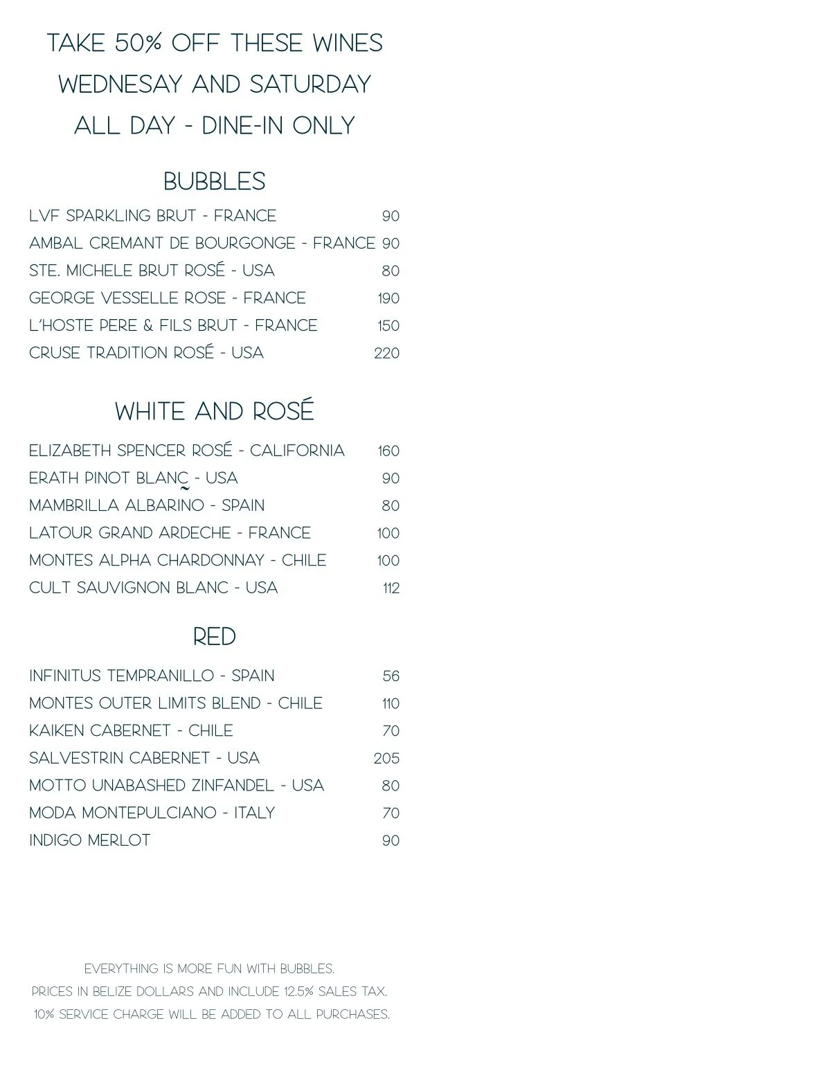 Promotion for 50% off all bottles of wine on Wednesdays and Saturdays at Red Ginger San Pedro, Belize.