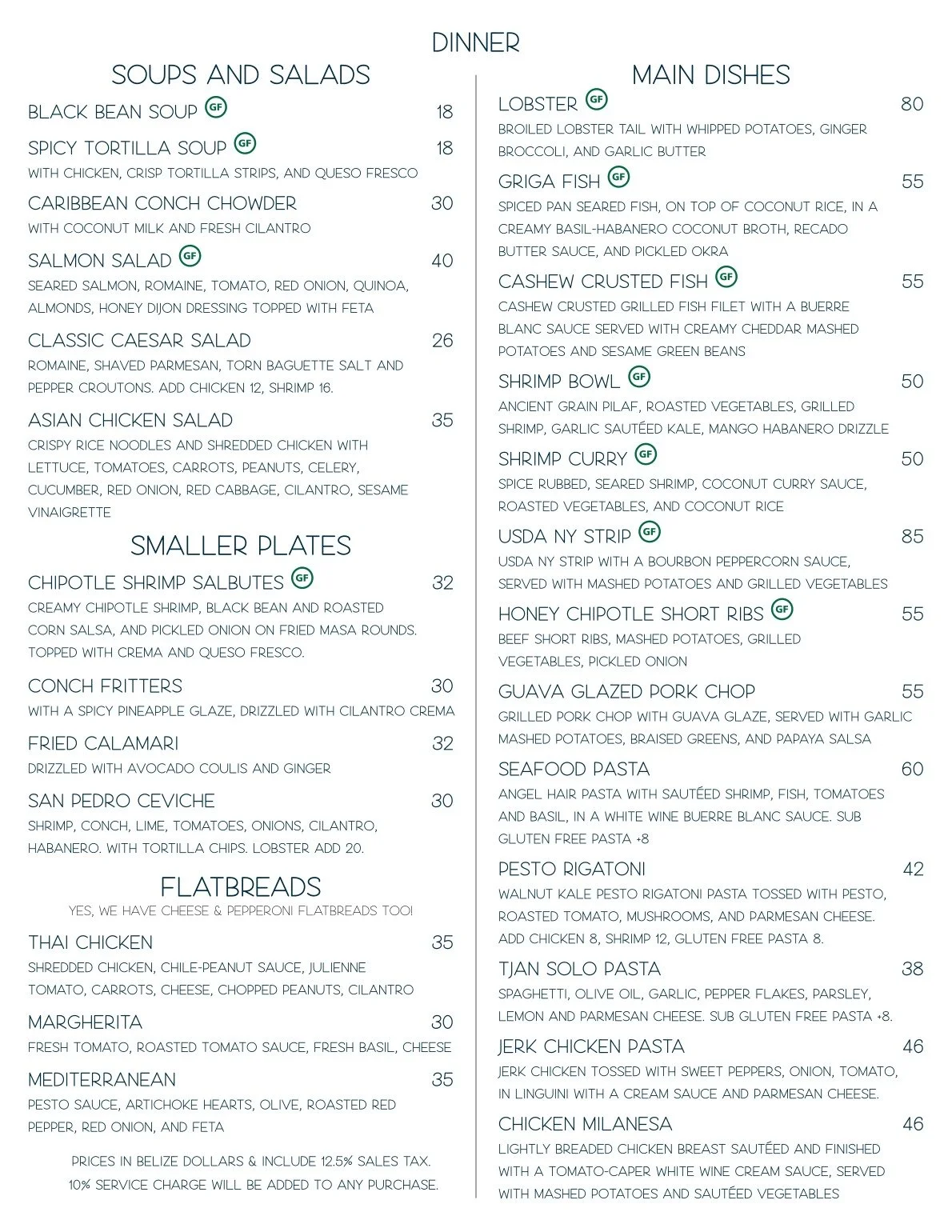 Fine dining dinner menu at Red Ginger featuring local seafood, steak and curated Belizean appetizers.