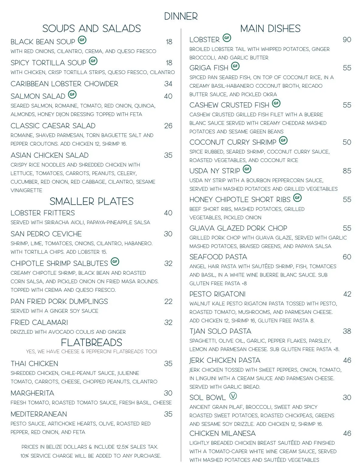 The official dinner menu for Red Ginger restaurant in San Pedro Belize featuring innovative Caribbean and seafood dishes with sections for appetizers, entrees, and desserts.